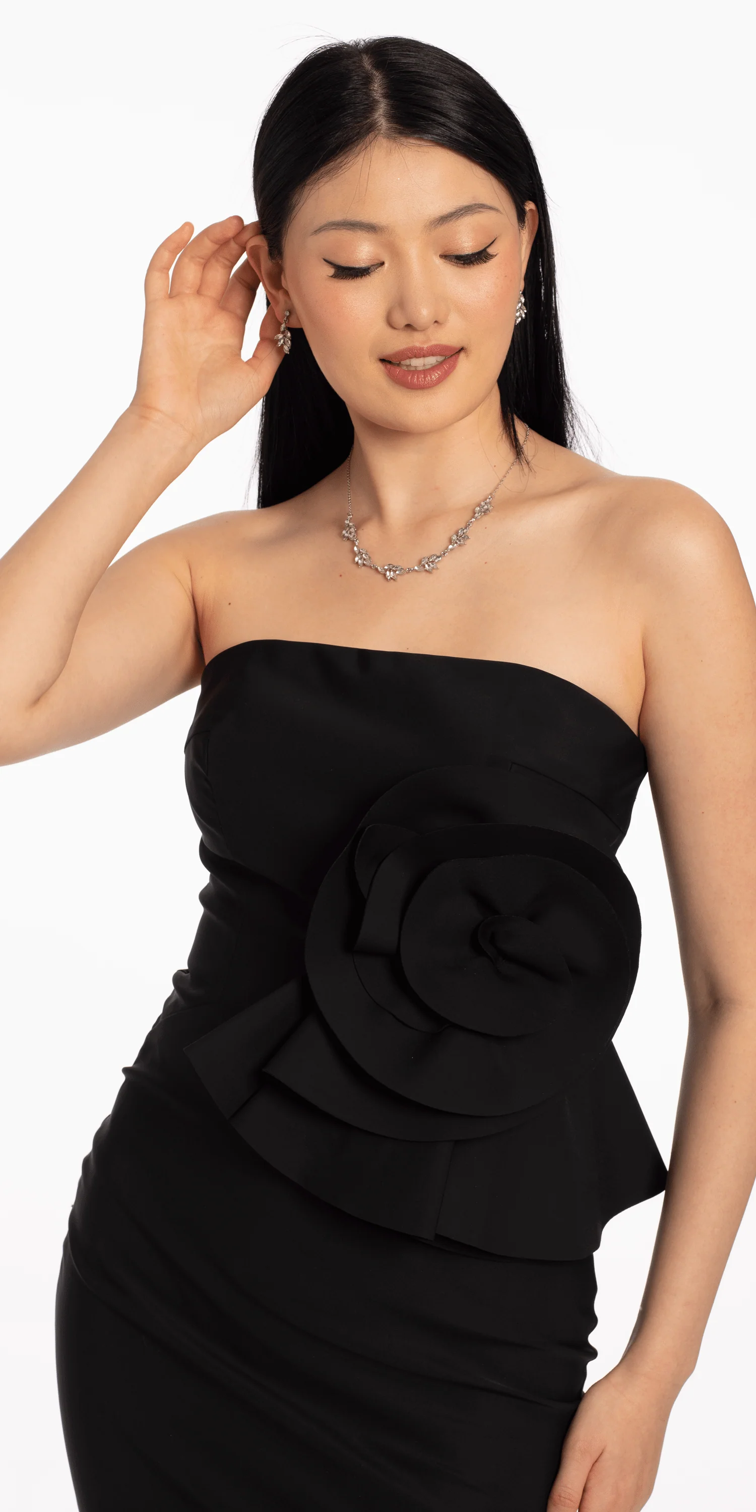 Strapless Midi Dress with Side Ruched Rose Detail - Image 2