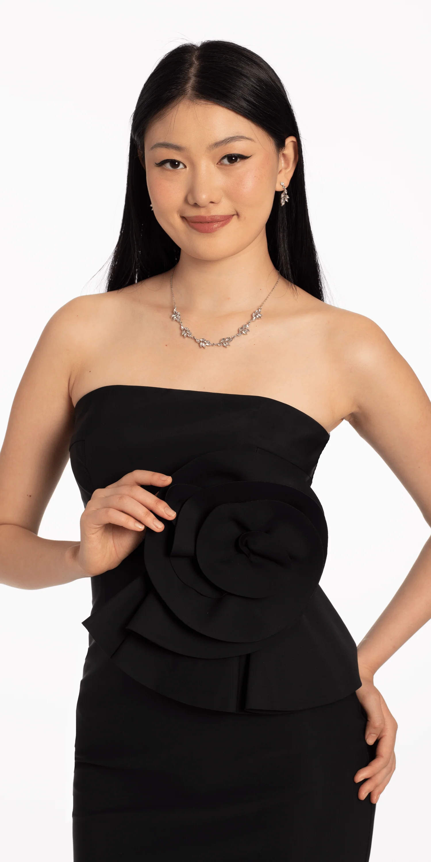 Strapless Midi Dress with Side Ruched Rose Detail - Image 3