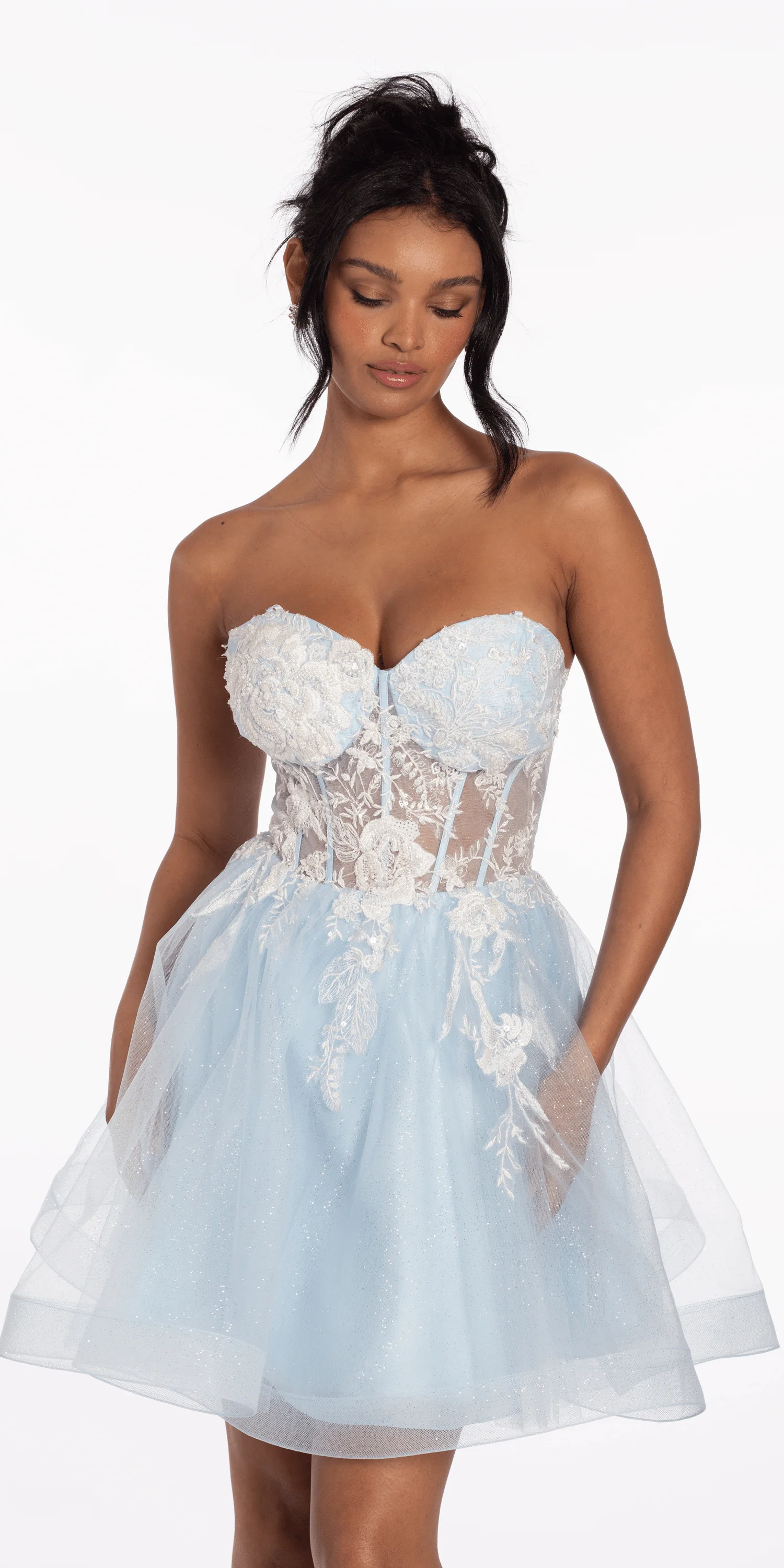 Strapless Pearl Embellished Corset Glitter Fit and Flare Dress - Image 3