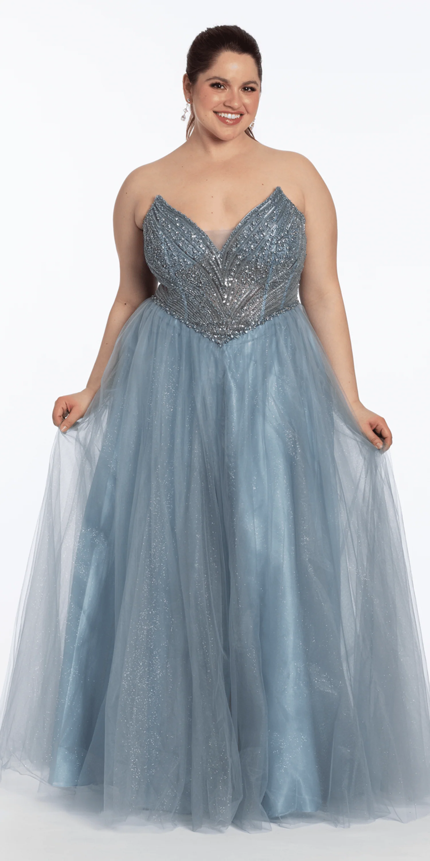 Strapless Pointed Beaded Corset Glitter Tulle Ballgown