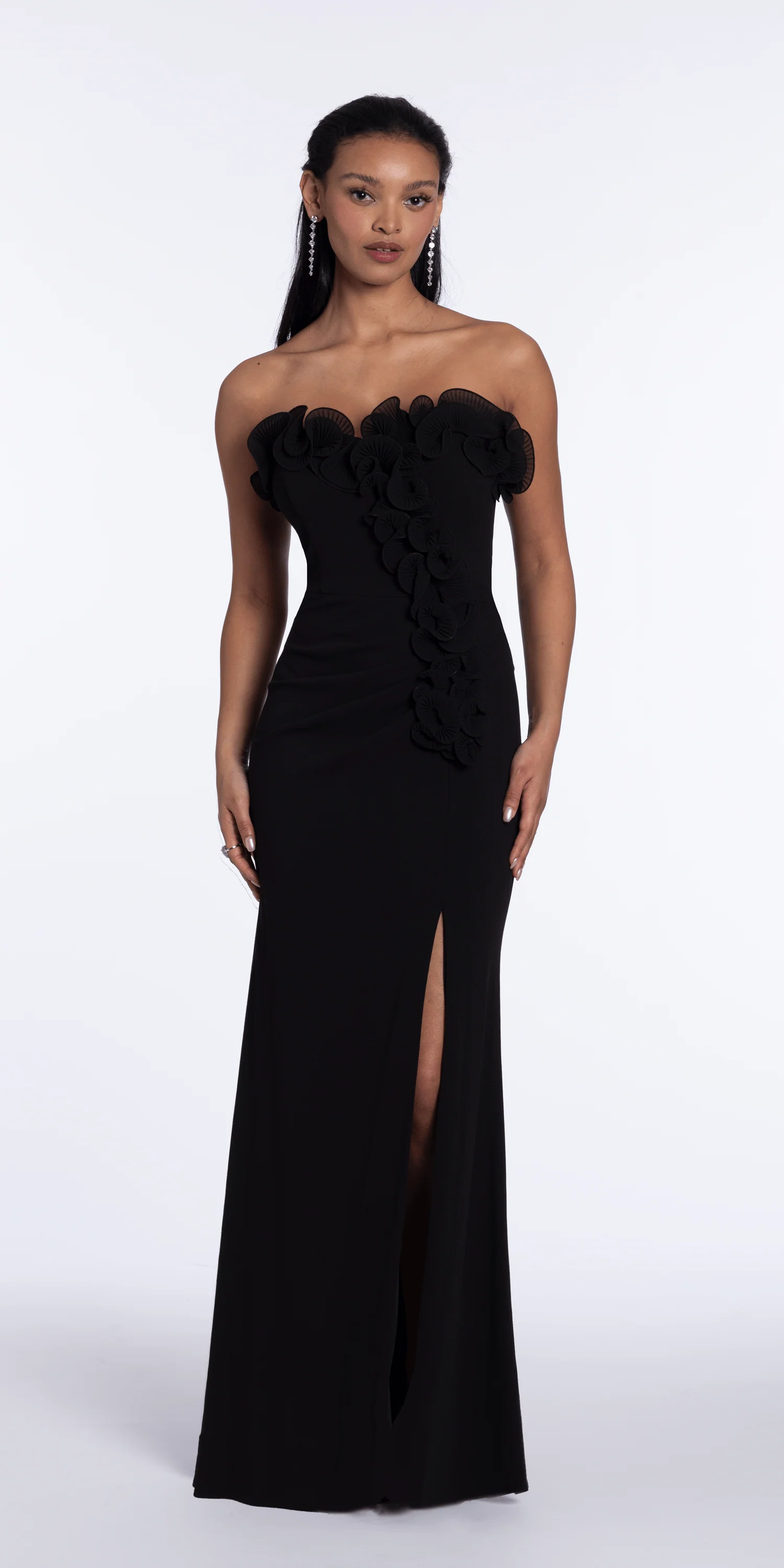 Strapless Ruffle Crepe Column Dress with Side Ruffle