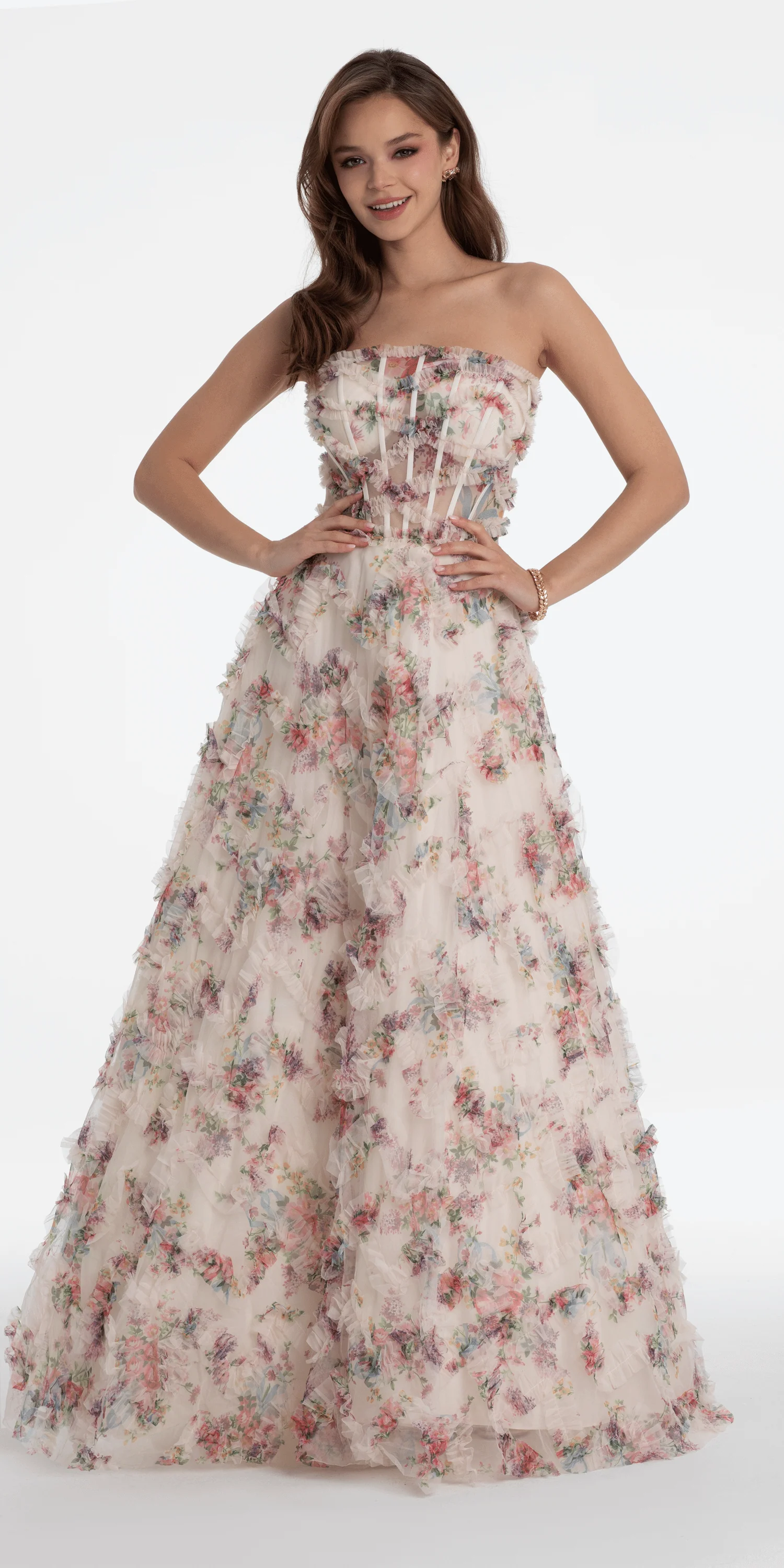 Strapless Ruffle Floral Print Ballgown