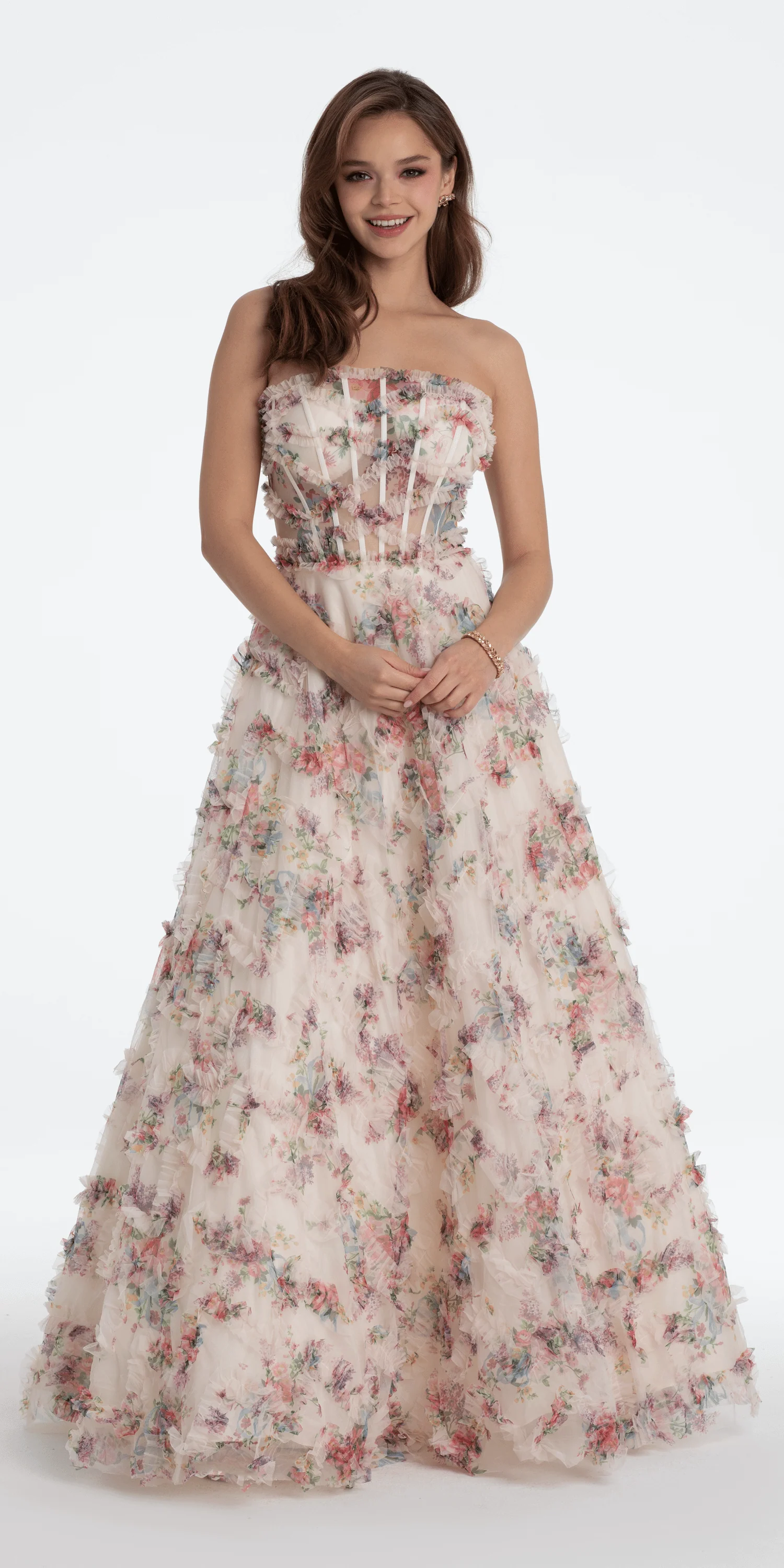 Strapless Ruffle Floral Print Ballgown - Image 3