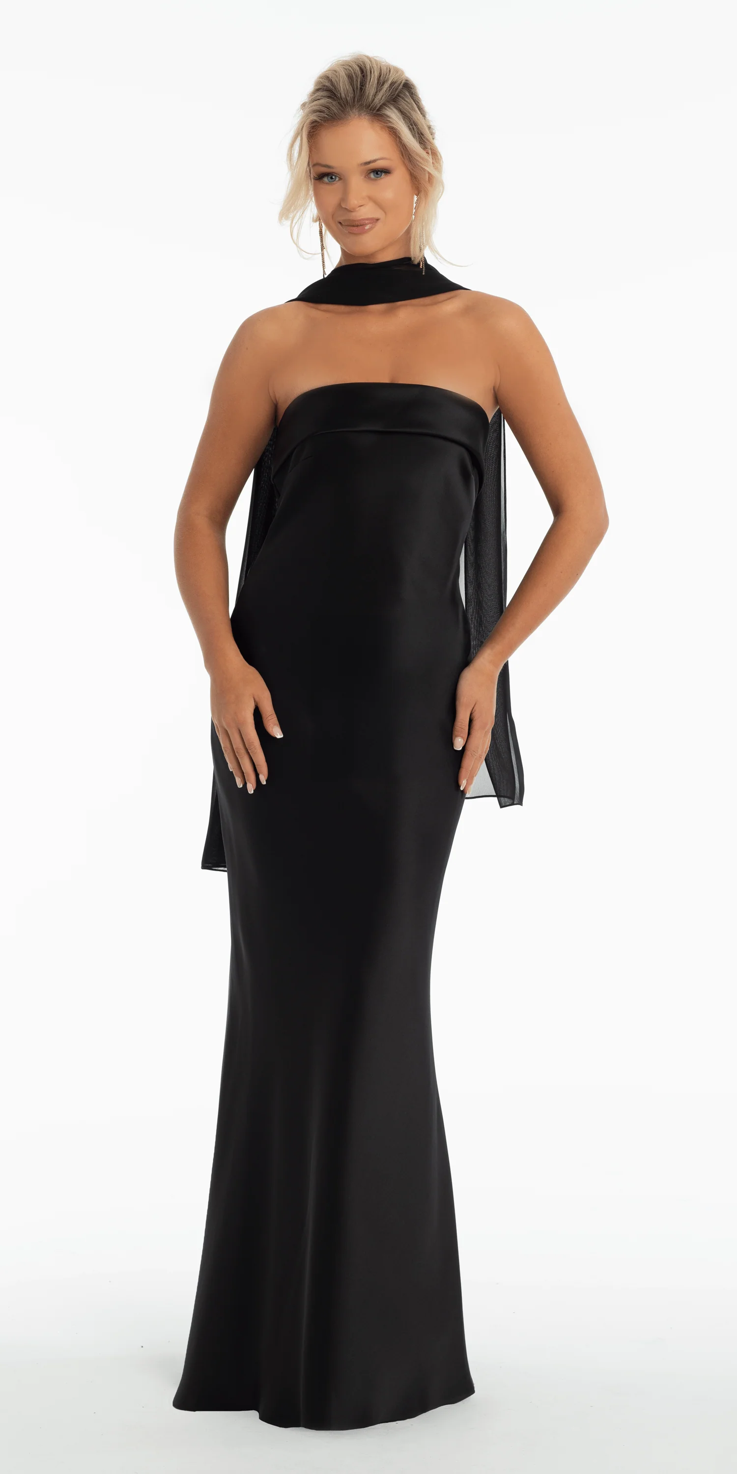 Strapless Satin Cuff Column Dress with Chiffon Shawl - Image 5