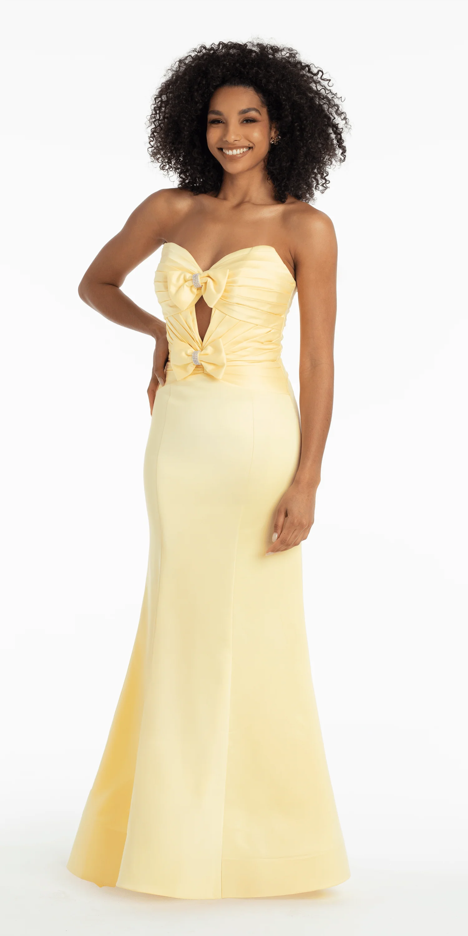 Strapless Pleated Cut Out Double Bow Trumpet Dress