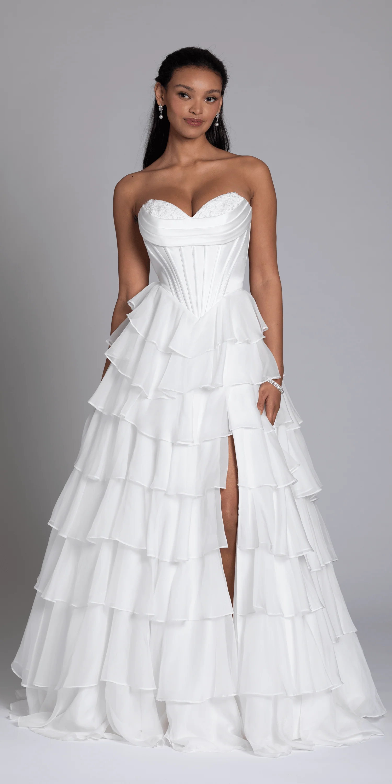 Strapless Tiered Chiffon and Satin Pleated Corset Ballgown - Image 4