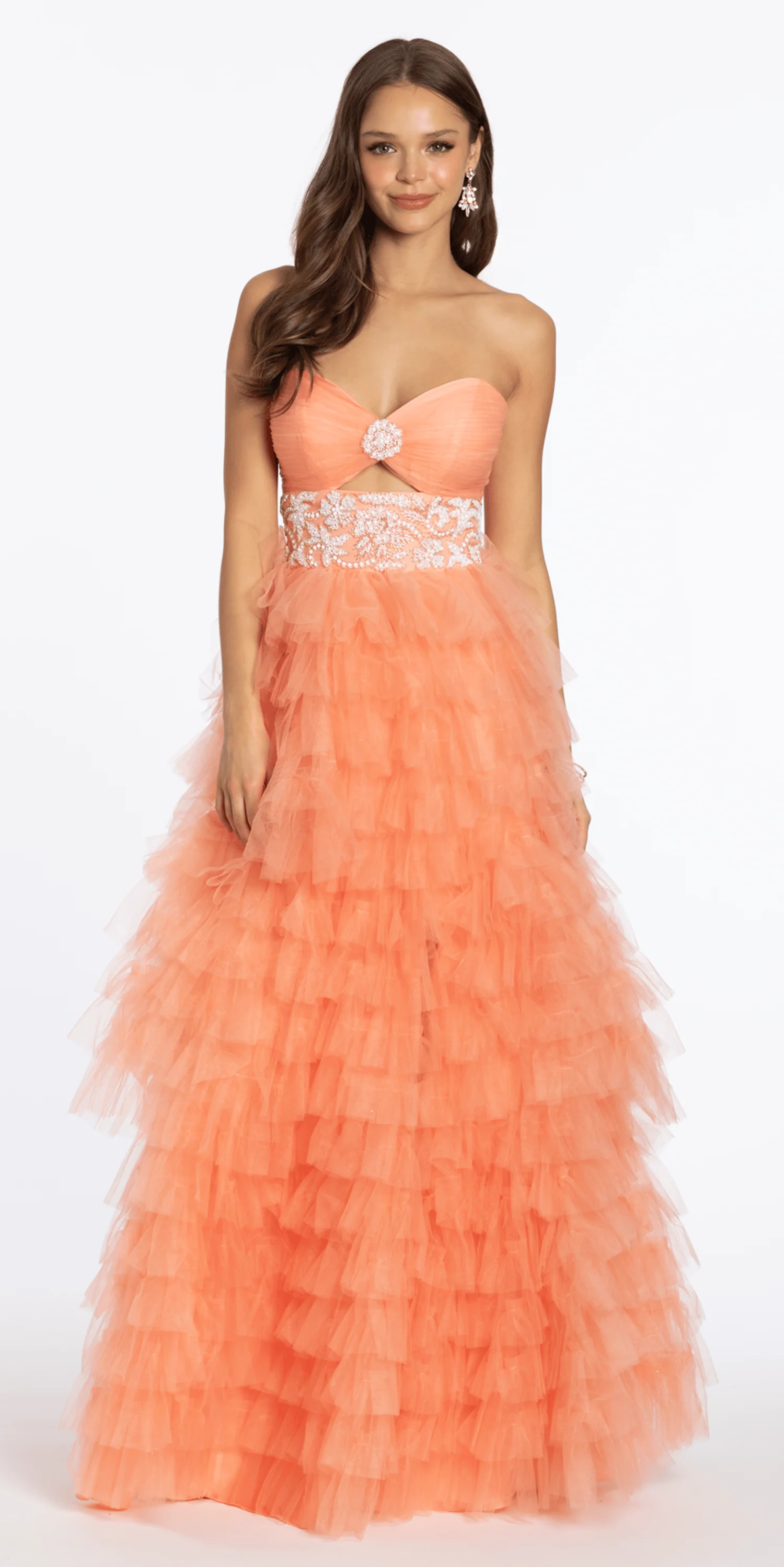 Strapless Tiered Mesh Ballgown with Keyhole and Beading