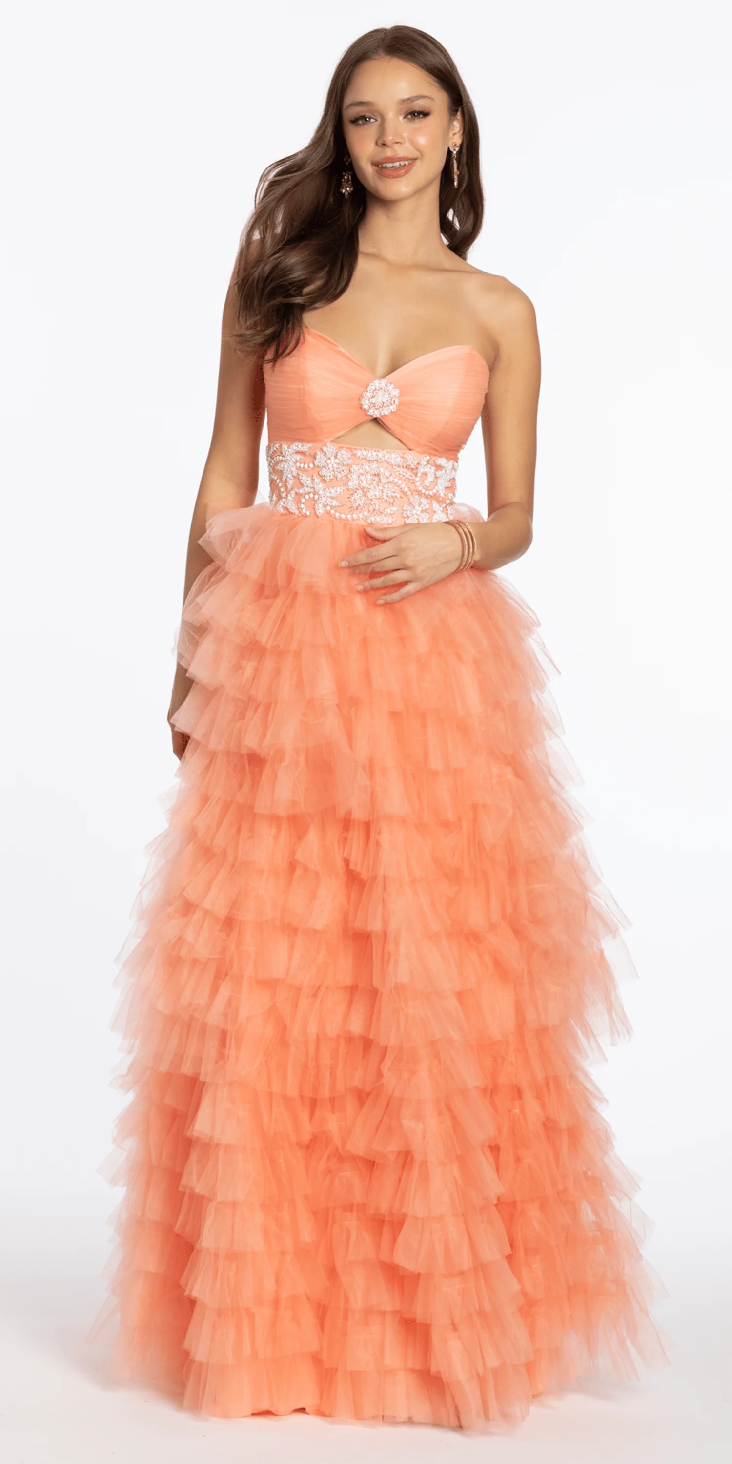 Strapless Tiered Mesh Ballgown with Keyhole and Beading - Image 3