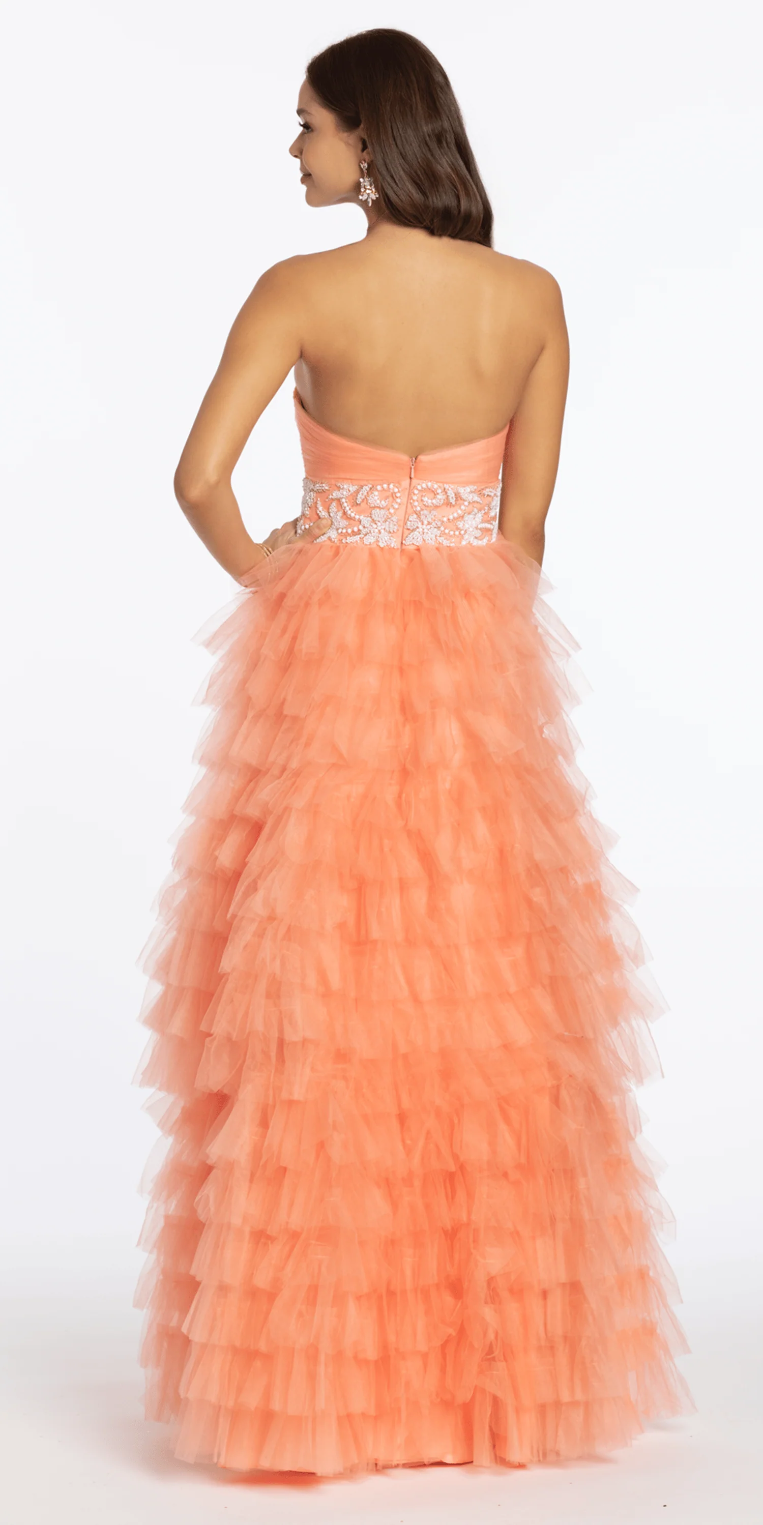 Strapless Tiered Mesh Ballgown with Keyhole and Beading - Image 5