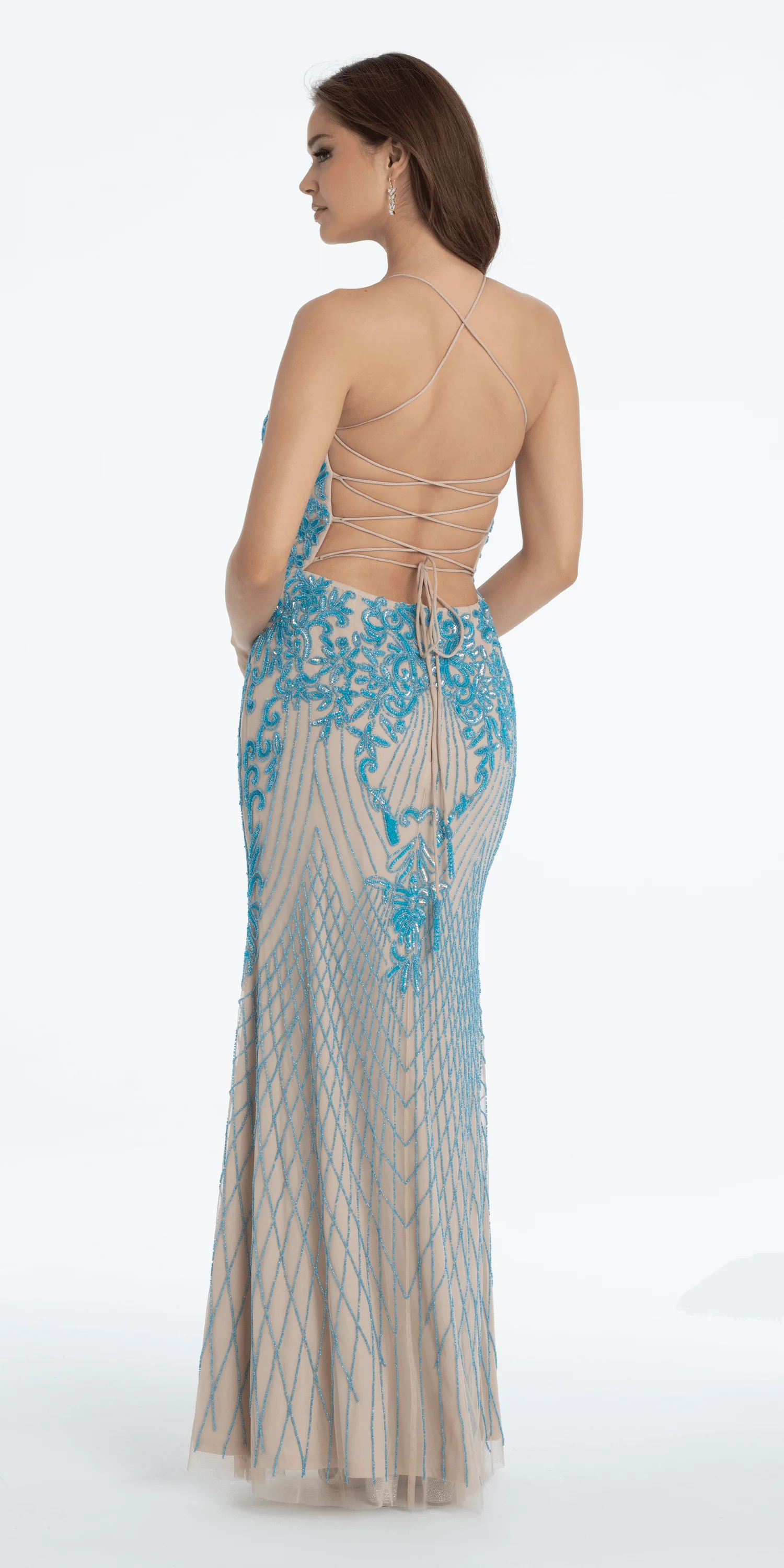 Strappy Back Mesh Beaded Sweetheart Column Dress - Image 4