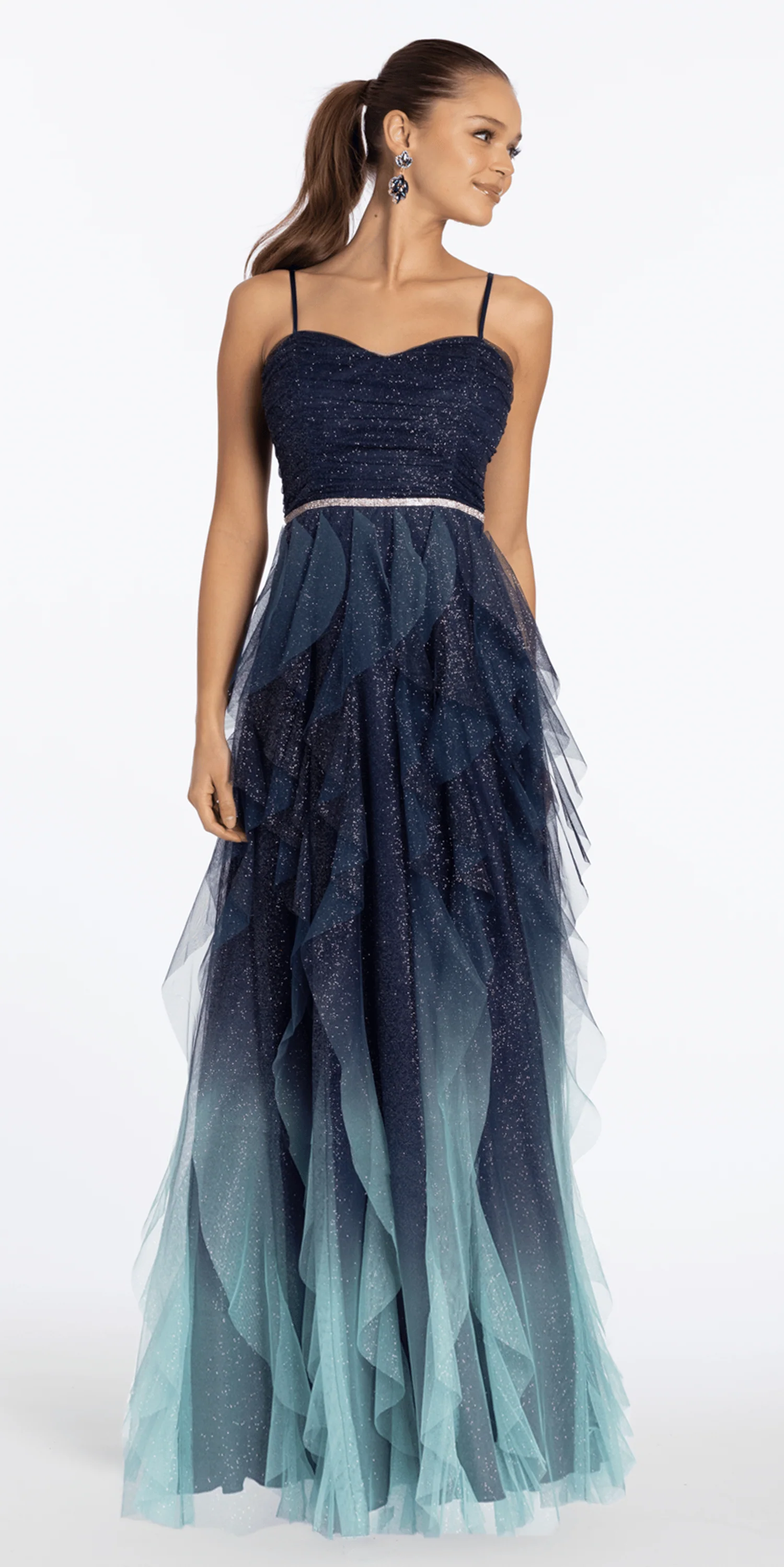 Strappy Back Ombre Glitter Mesh A Line Dress with Rhinestone Detail - Image 3
