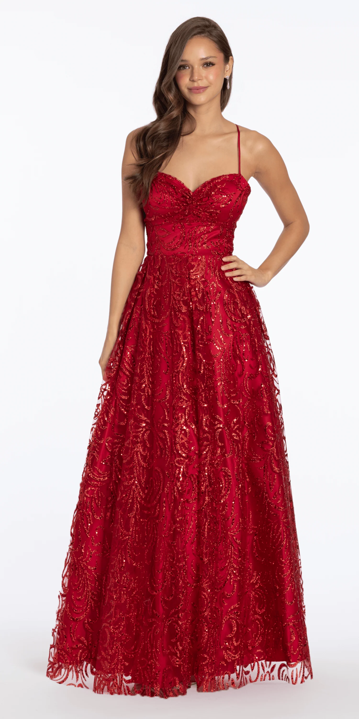 Strappy Back Pinched Sweetheart Glitter Mesh Ballgown with Pockets