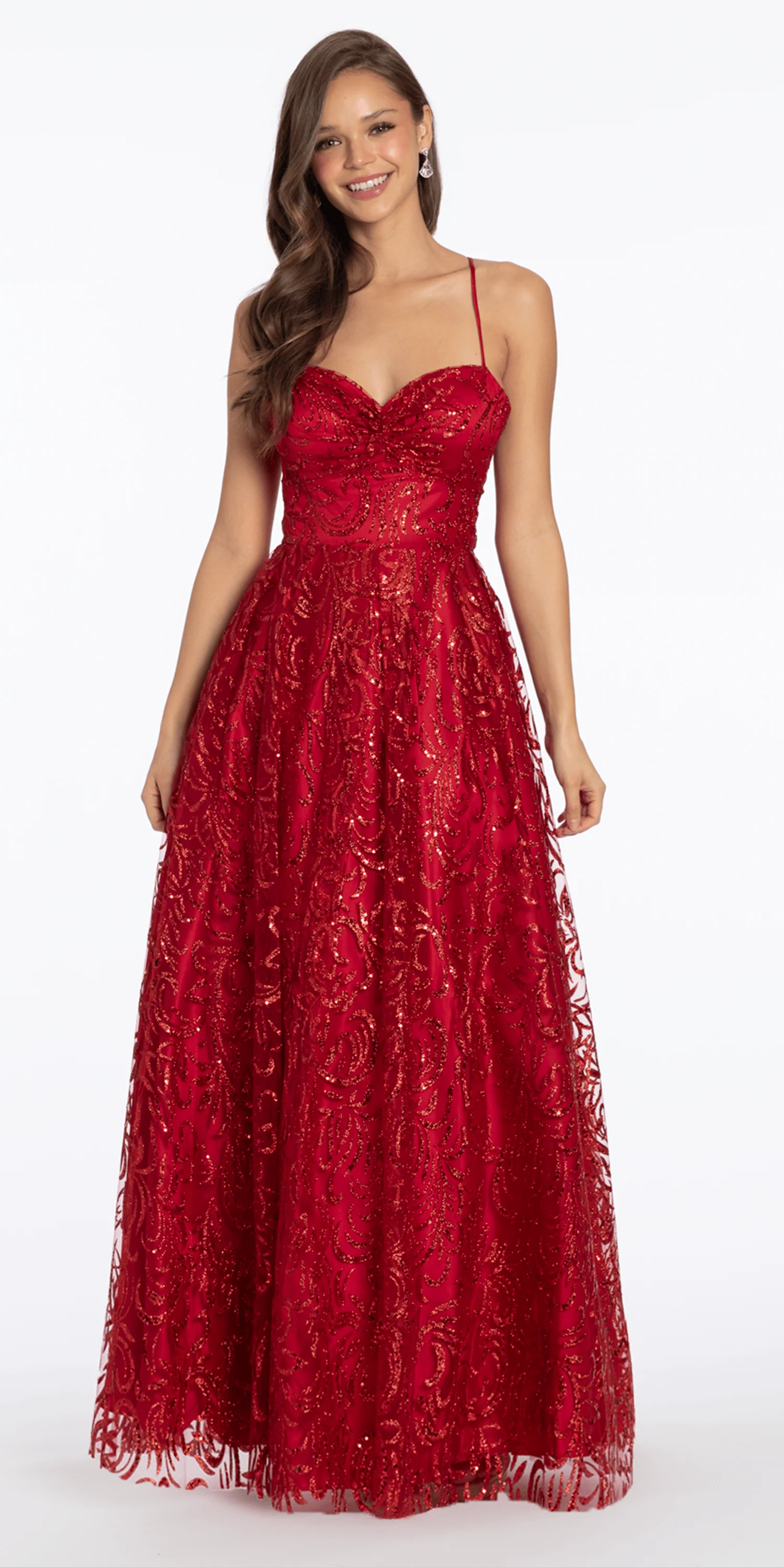 Strappy Back Pinched Sweetheart Glitter Mesh Ballgown with Pockets - Image 2