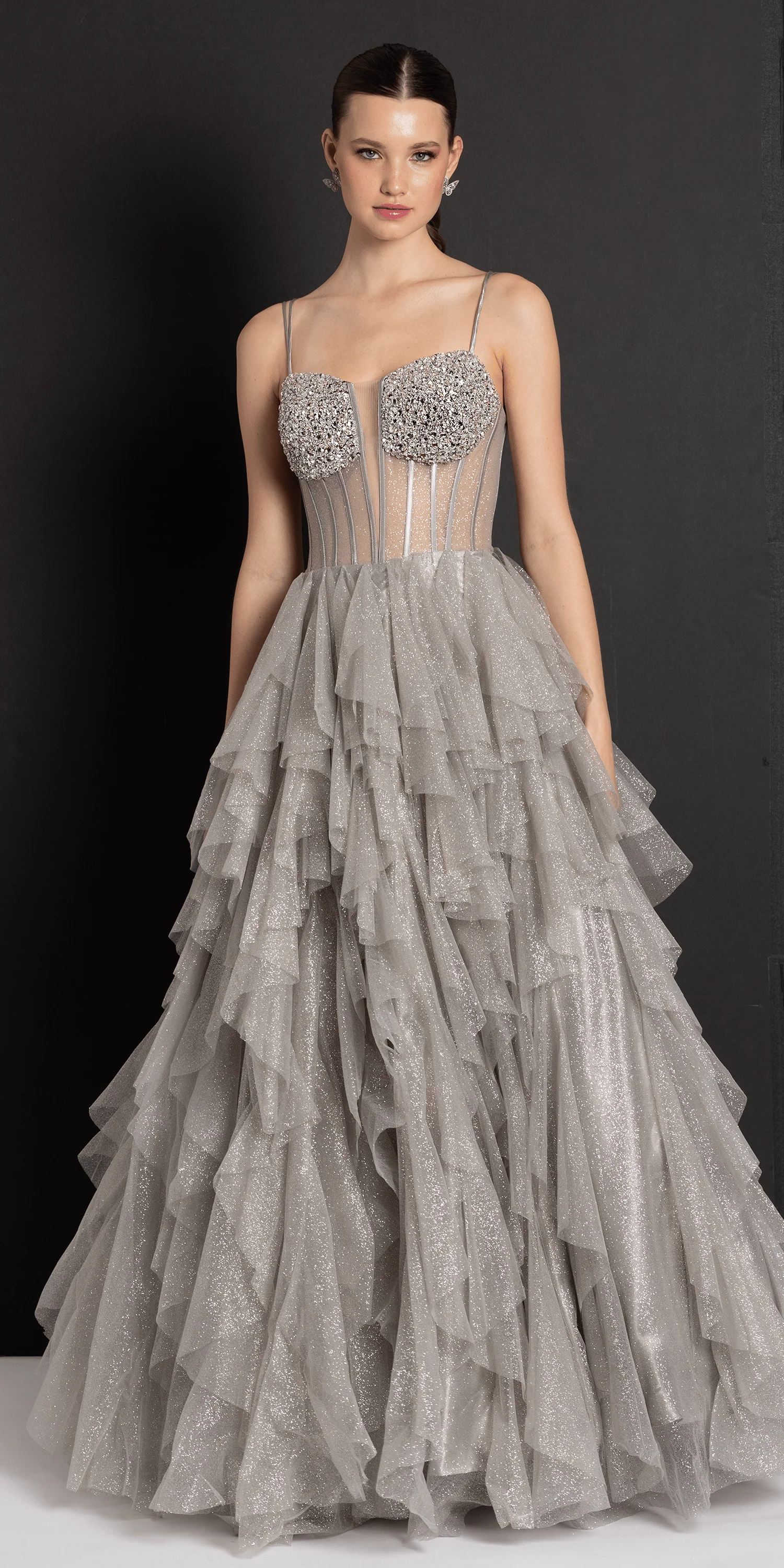 Strappy Back Rhinestone Corset Glitter Tulle Ballgown