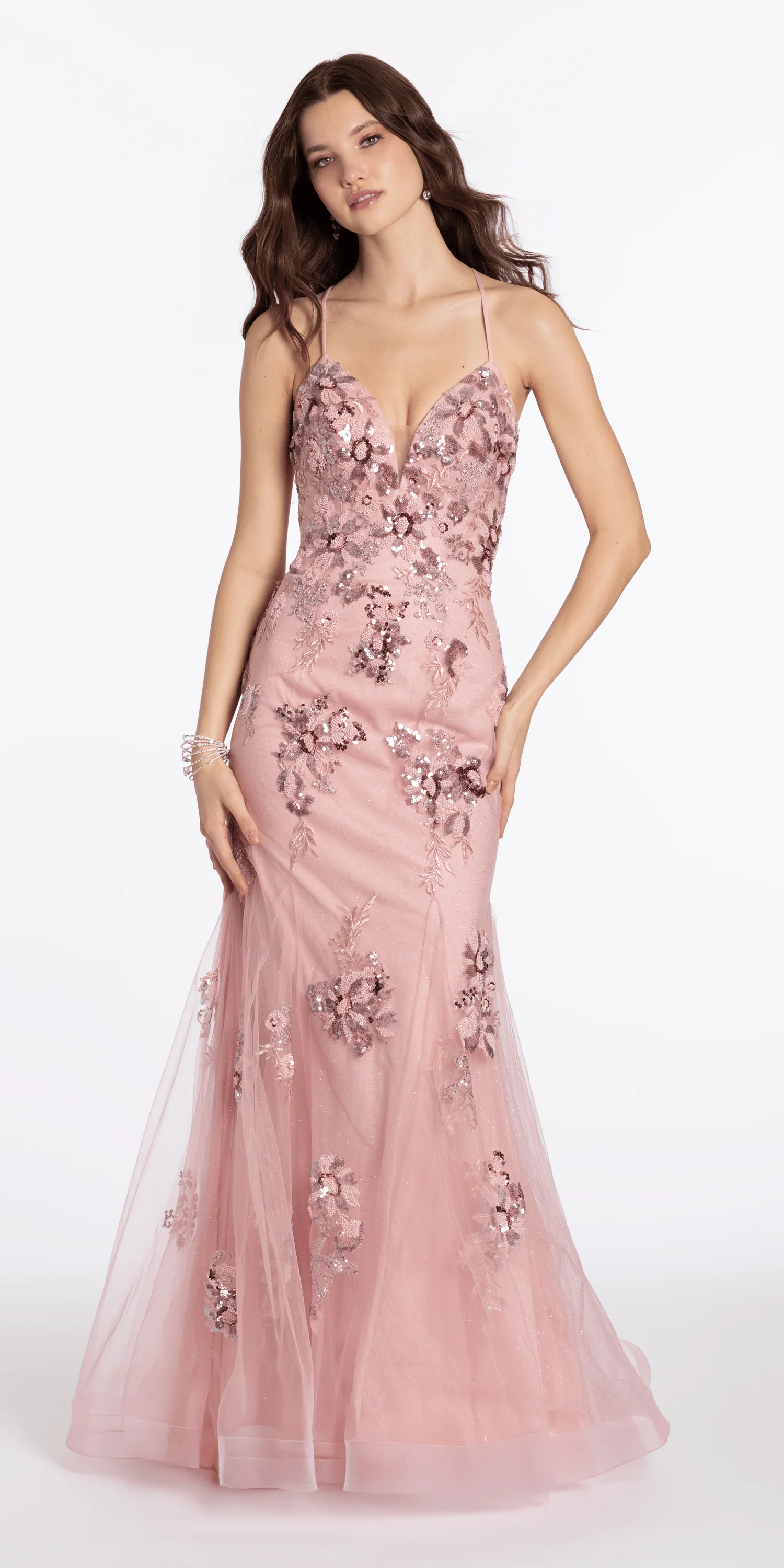 Strappy Back Sweetheart Floral Mesh Trumpet Dress with Godets