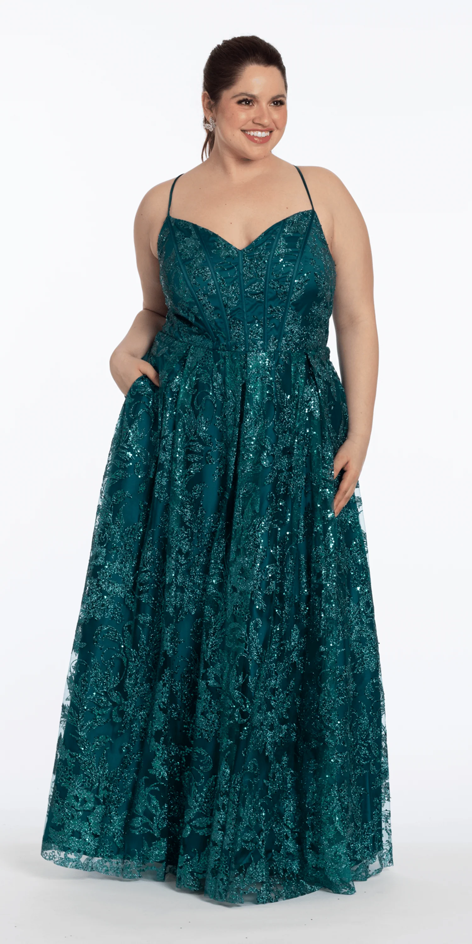 Strappy Back V Neck Glitter Mesh Ballgown with Pockets
