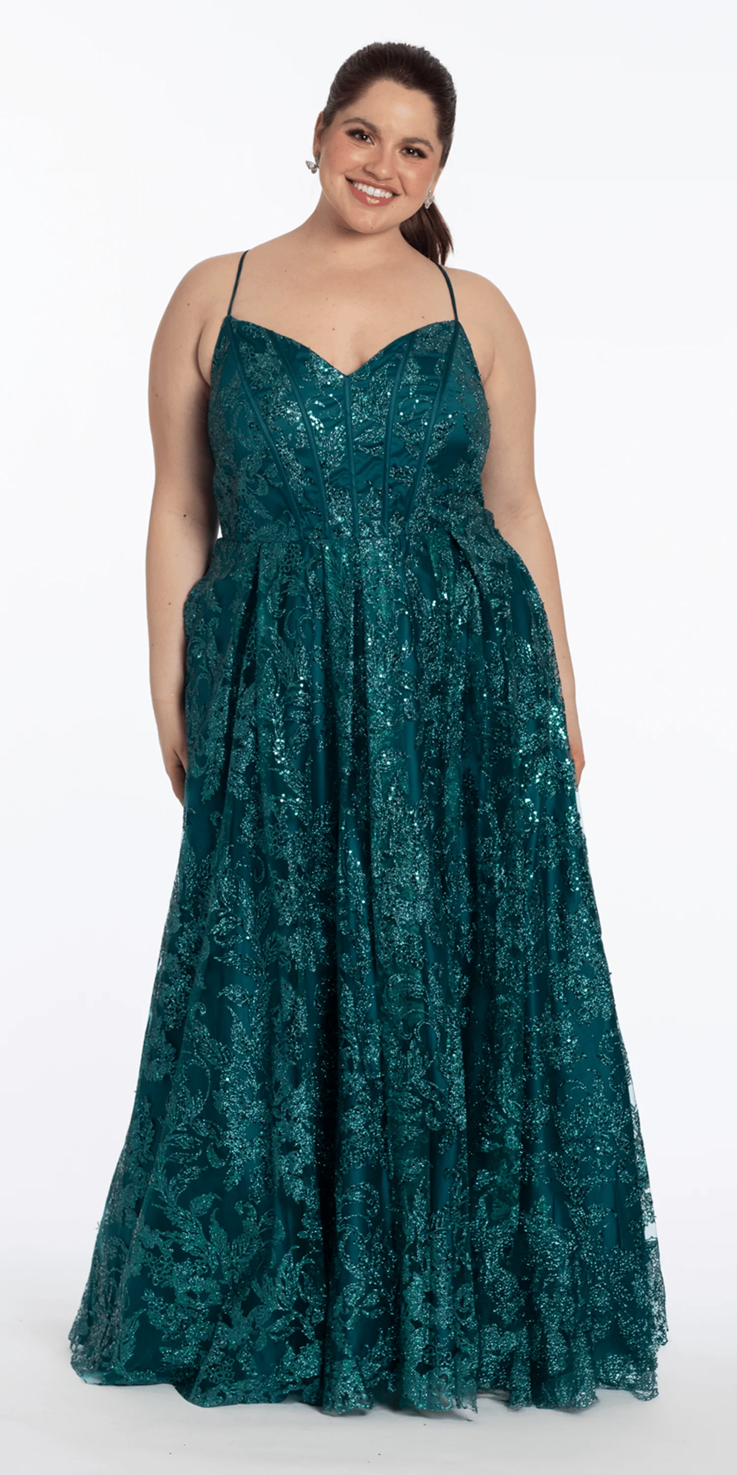 Strappy Back V Neck Glitter Mesh Ballgown with Pockets - Image 2