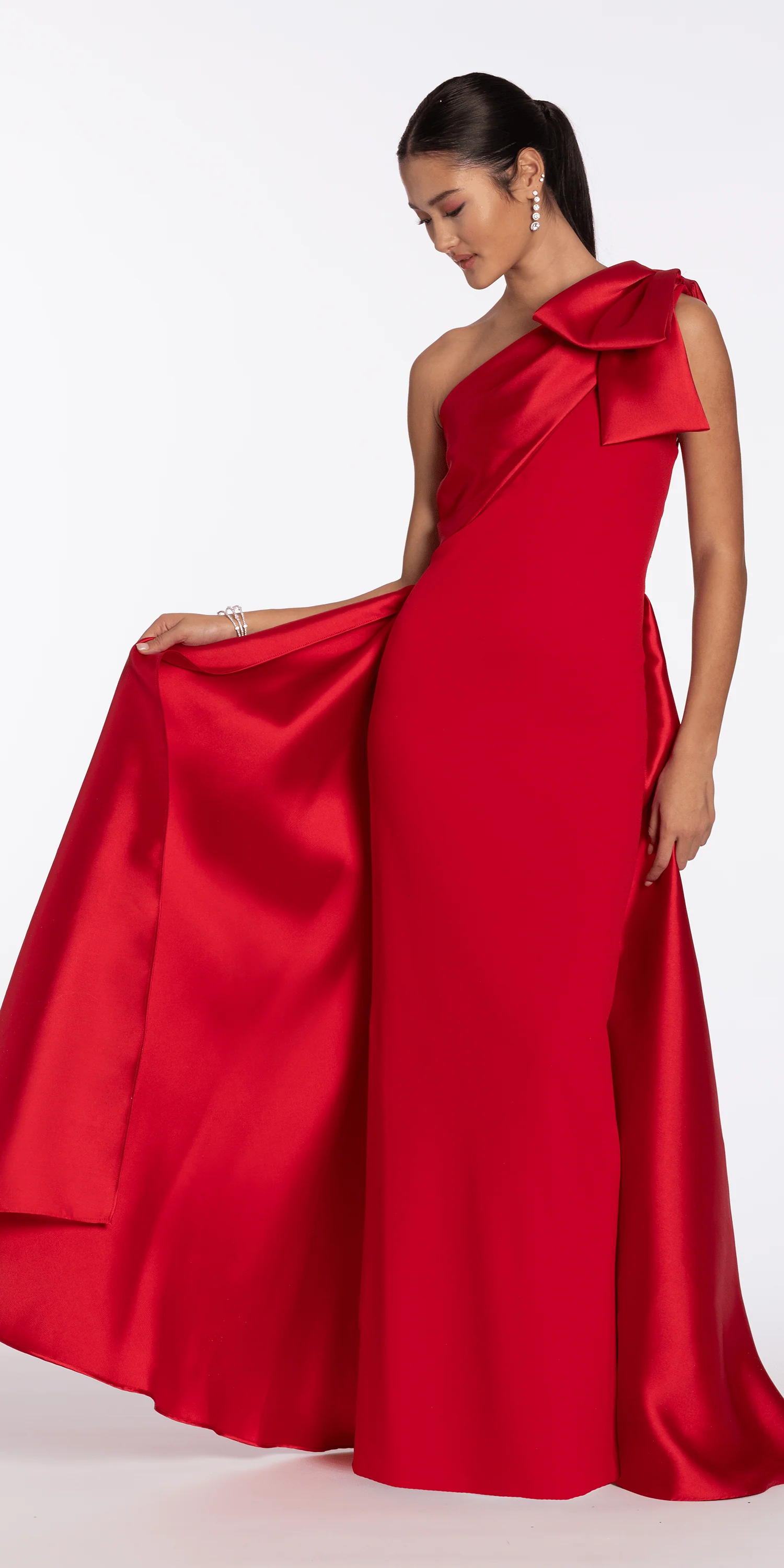 Stretch Crepe One Shoulder Dress with Mikado Cascades - Image 4
