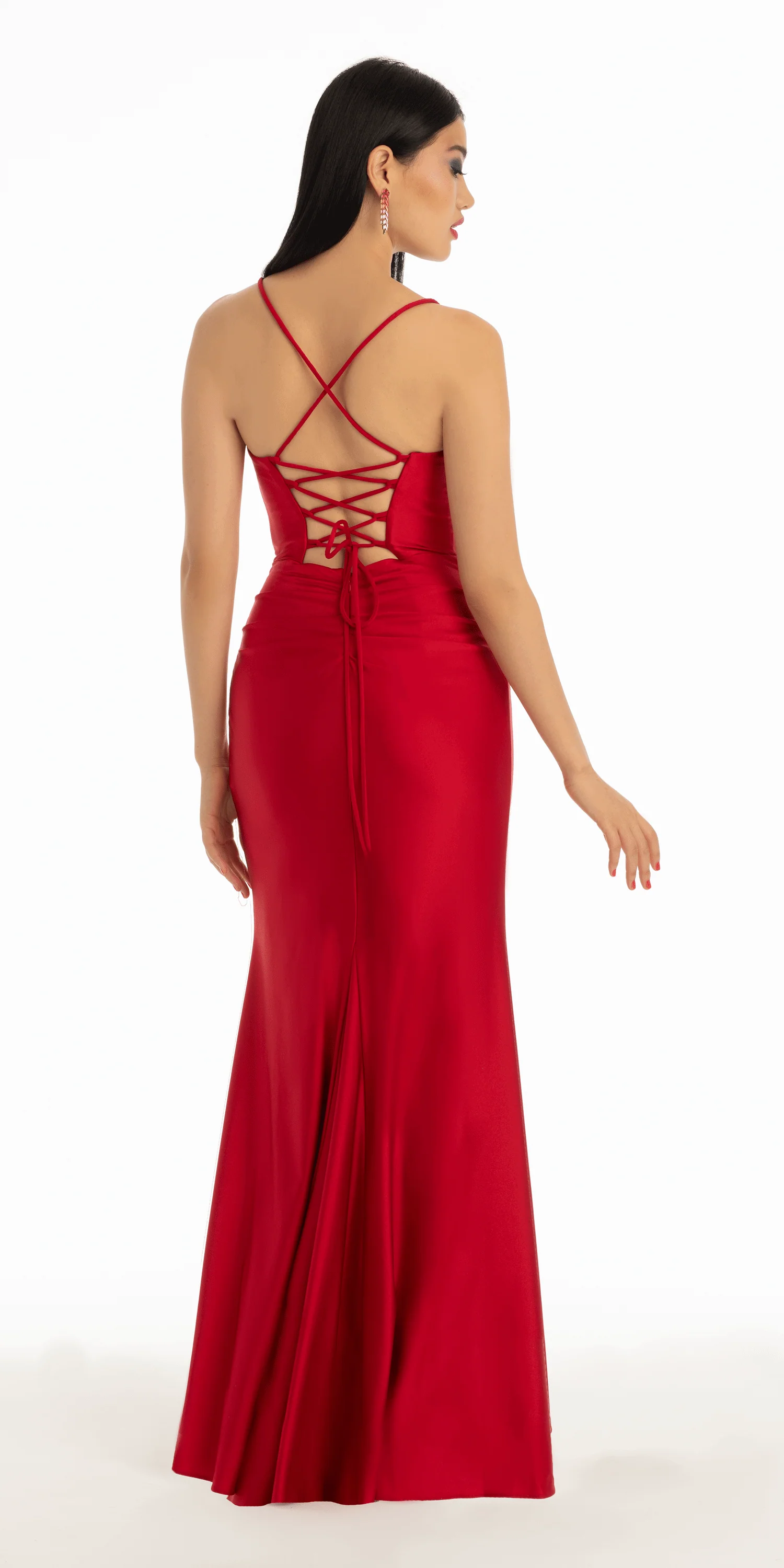 Stretch Satin Lace Up Back Dress with Train - Image 8
