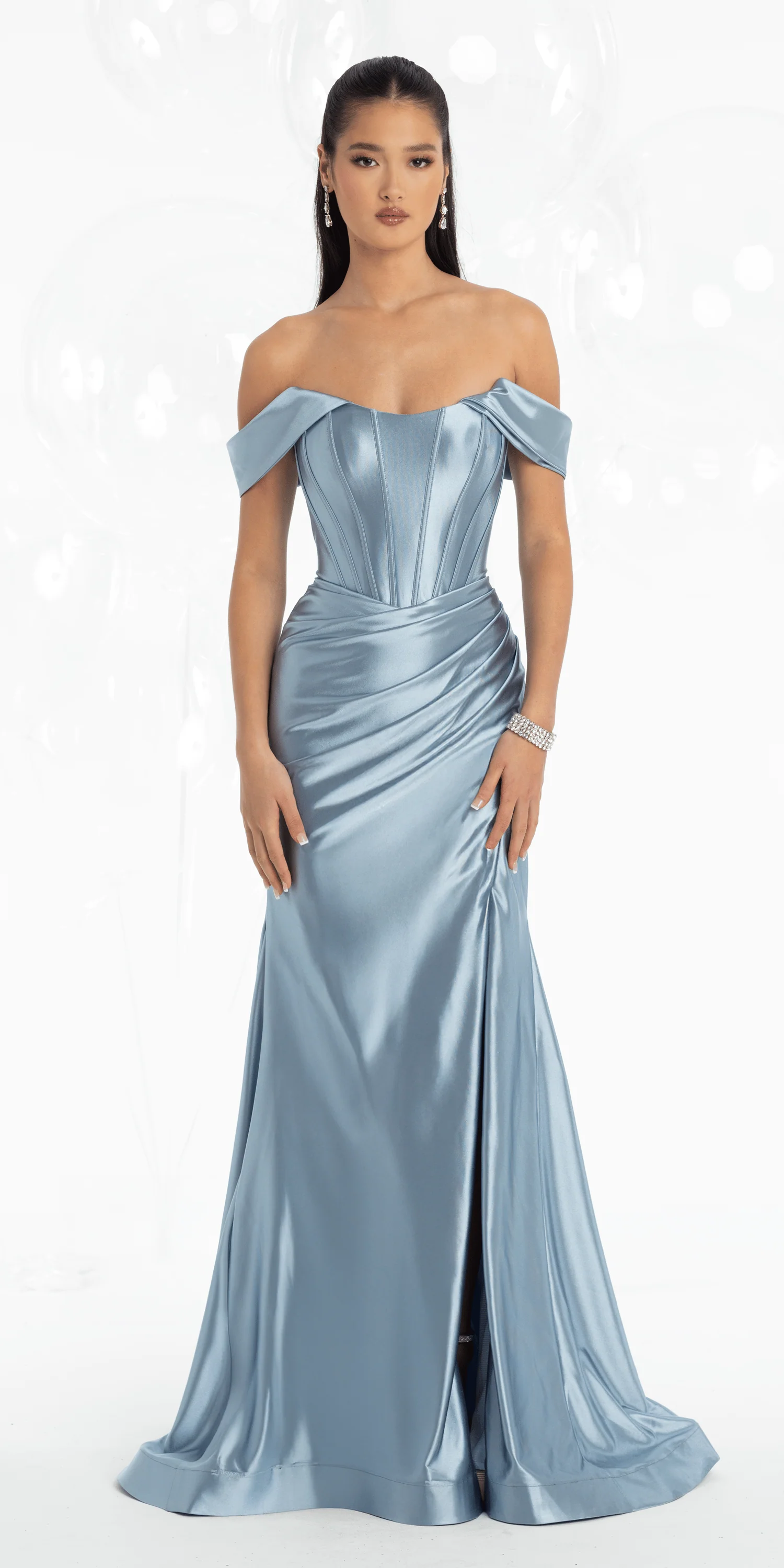 Stretch Satin Off the Shoulder Corset Trumpet Dress