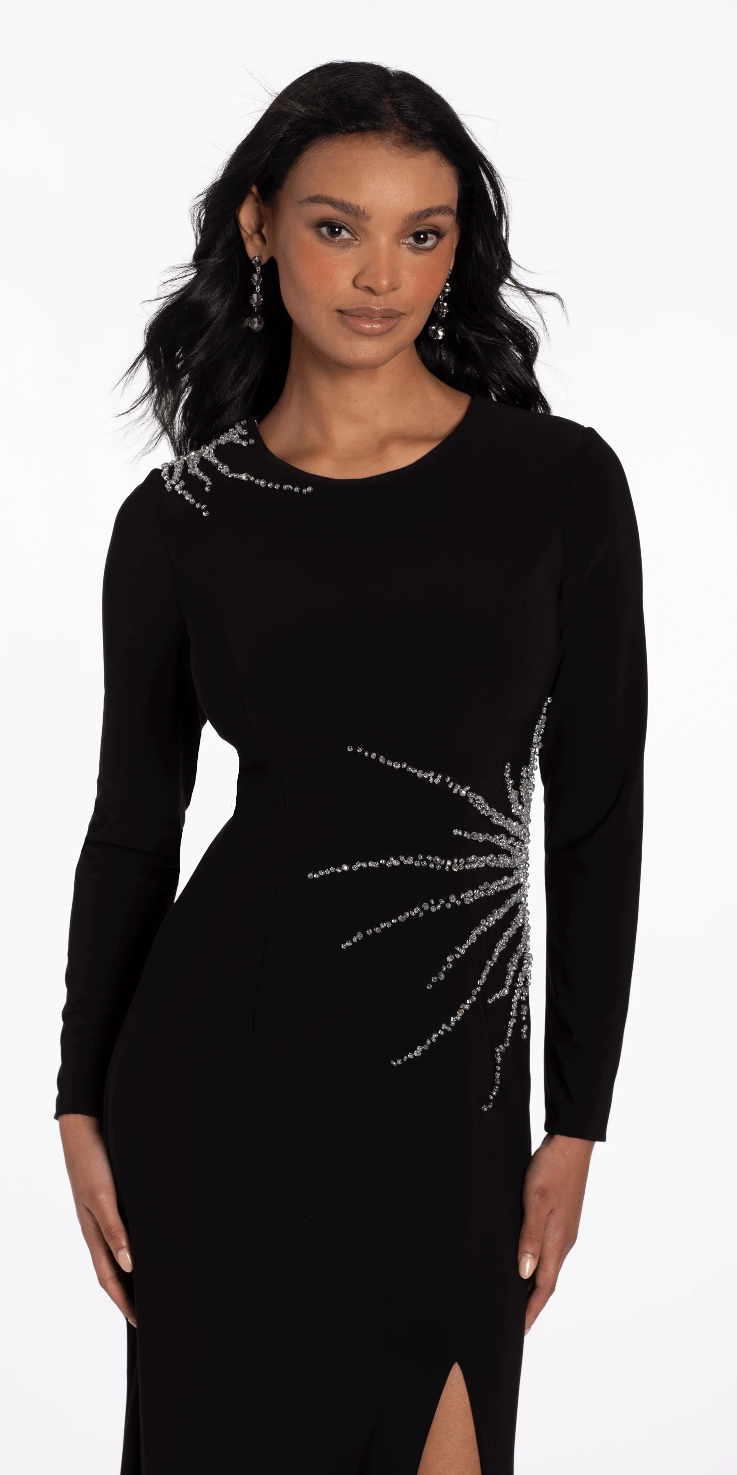 Sunburst Beaded Jersey Long Sleeve Jewel Neck Column Dress - Image 3