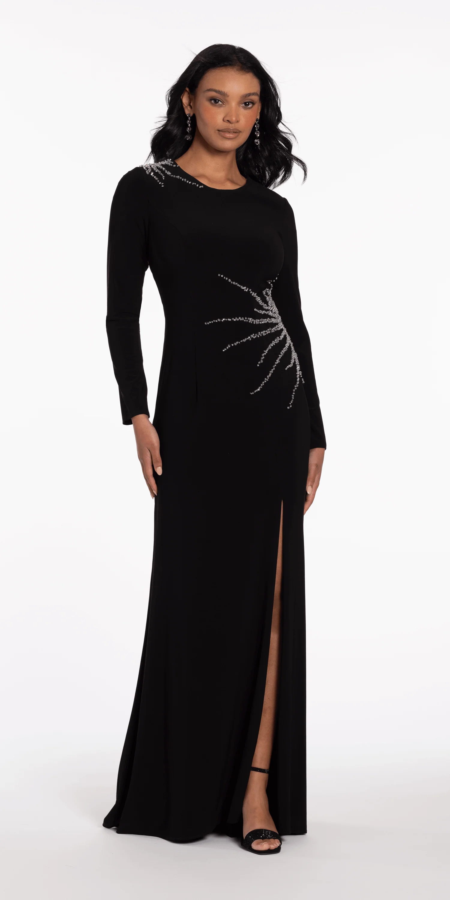 Sunburst Beaded Jersey Long Sleeve Jewel Neck Column Dress - Image 4