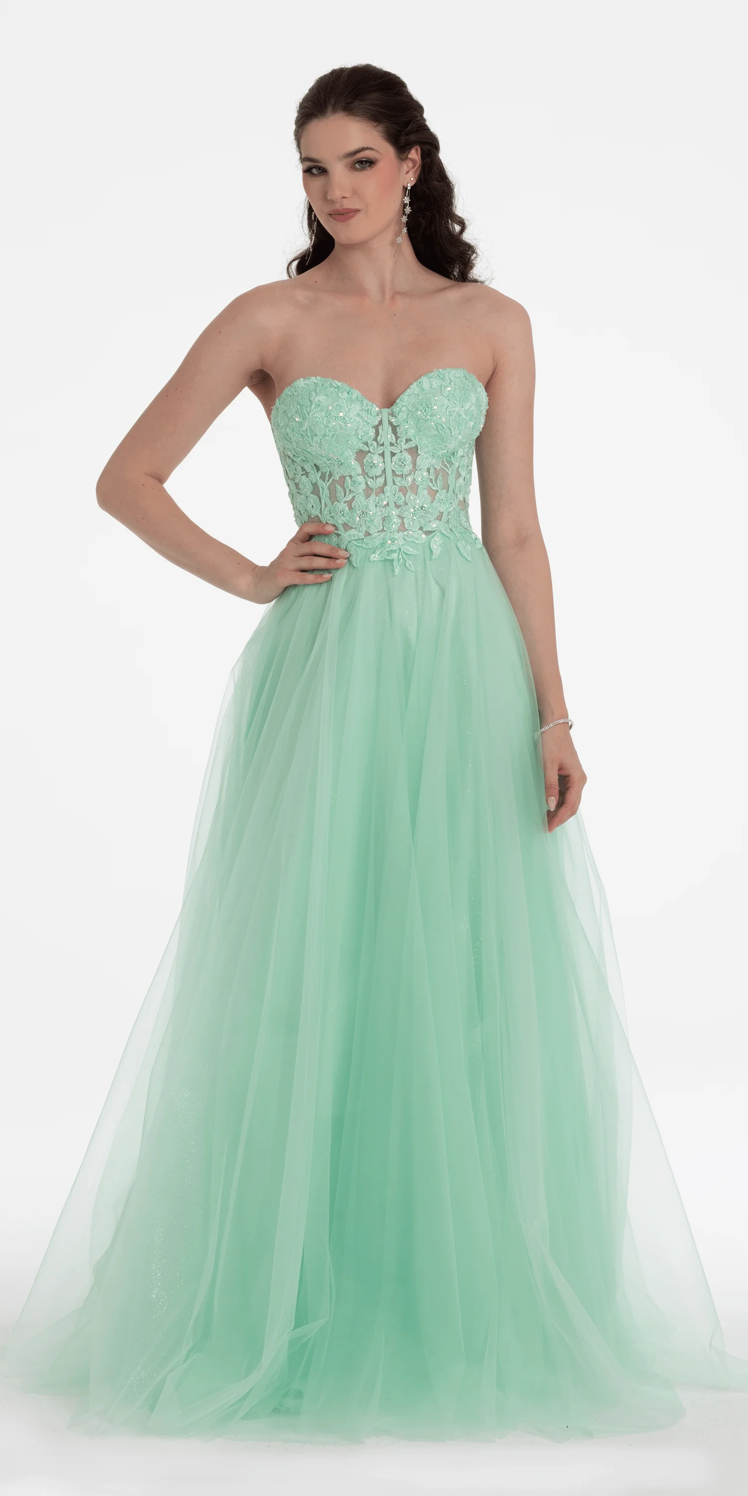 Sweetheart Embroidered Corset Glitter Mesh Ballgown - Image 4