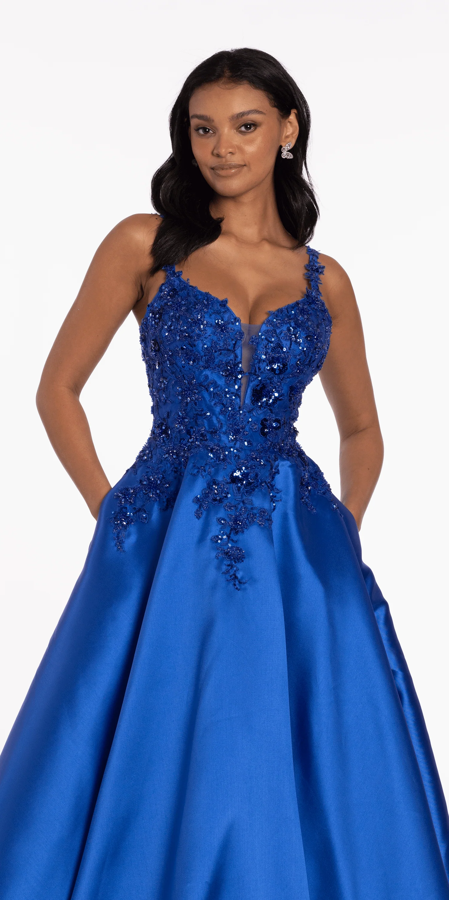 Sweetheart Floral Applique Mikado Ballgown with Pockets - Image 3