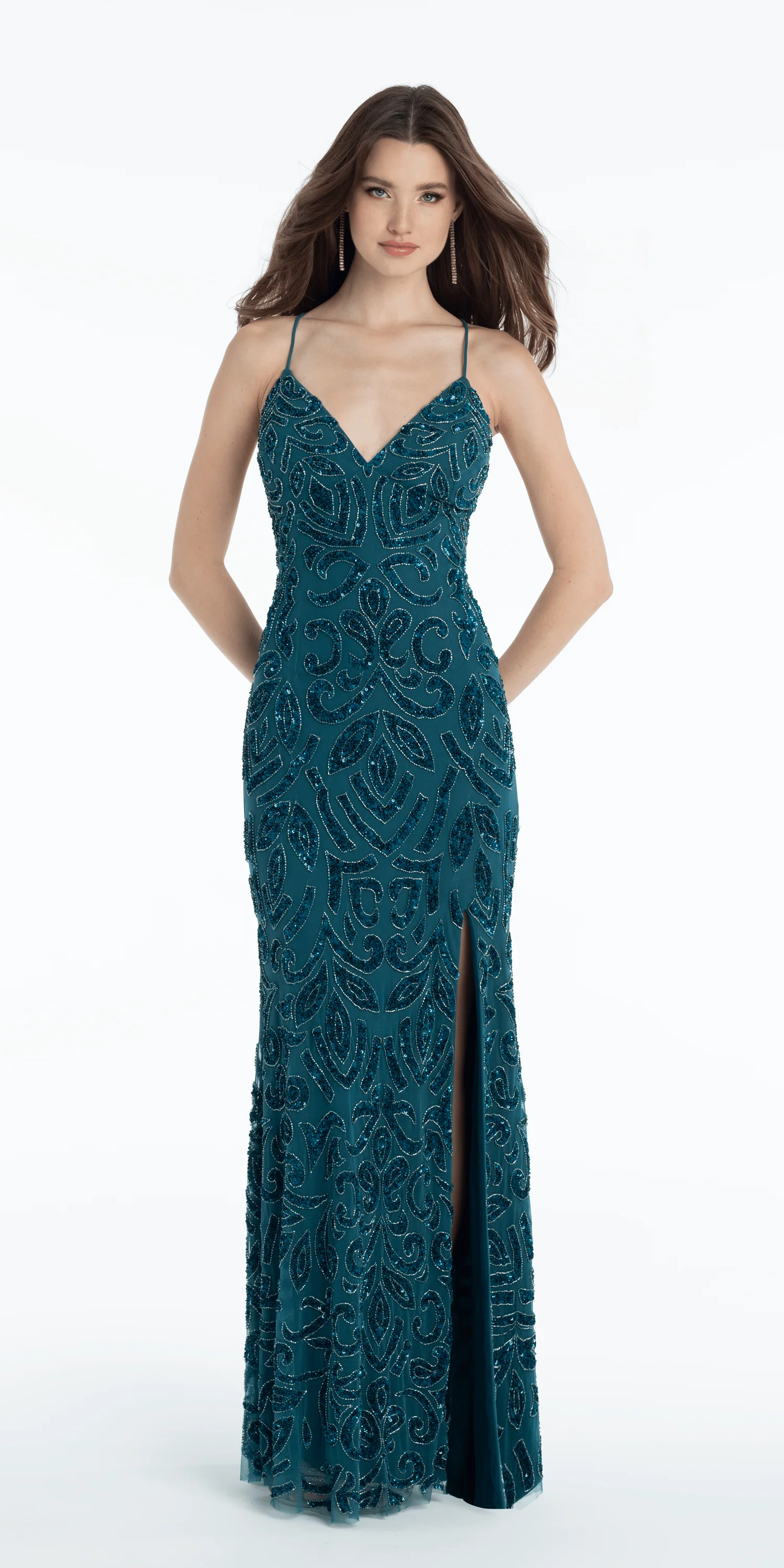 Sweetheart Mesh Scroll Beaded Column Dress with Side Slit