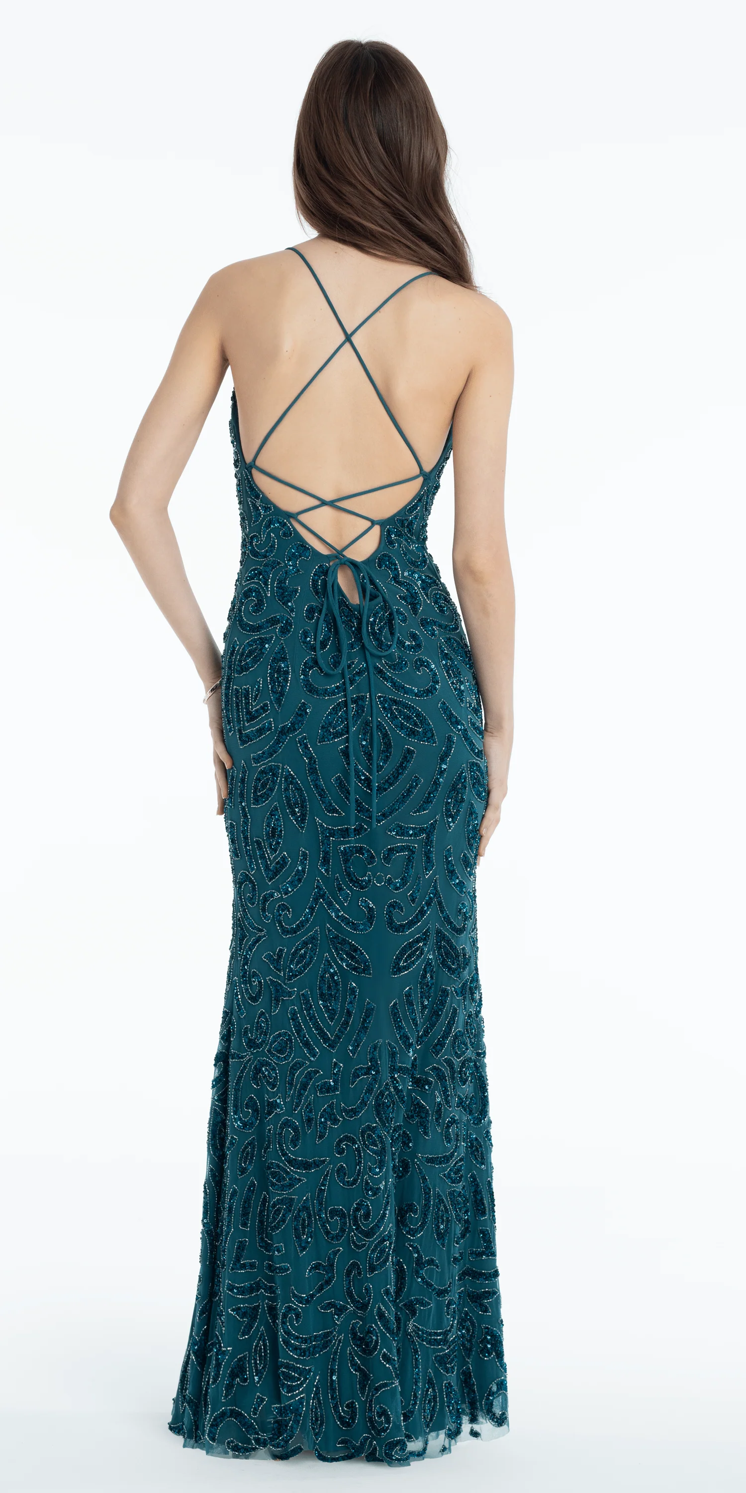 Sweetheart Mesh Scroll Beaded Column Dress with Side Slit - Image 3