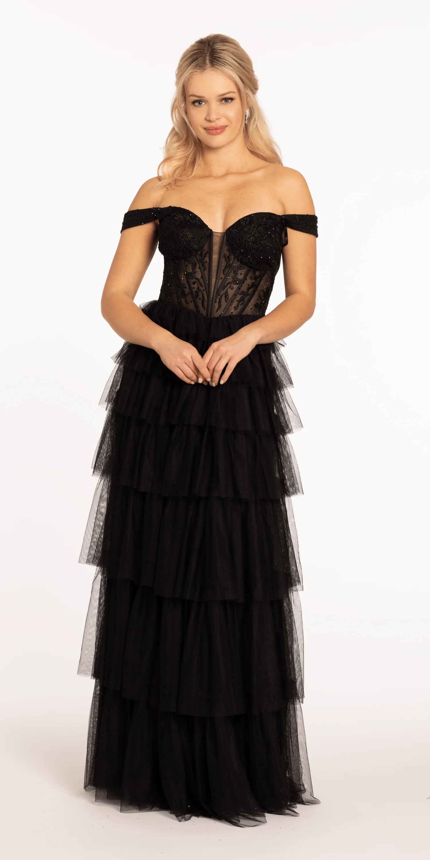 Sweetheart Off the Shoulder Tiered Mesh Ballgown - Image 4