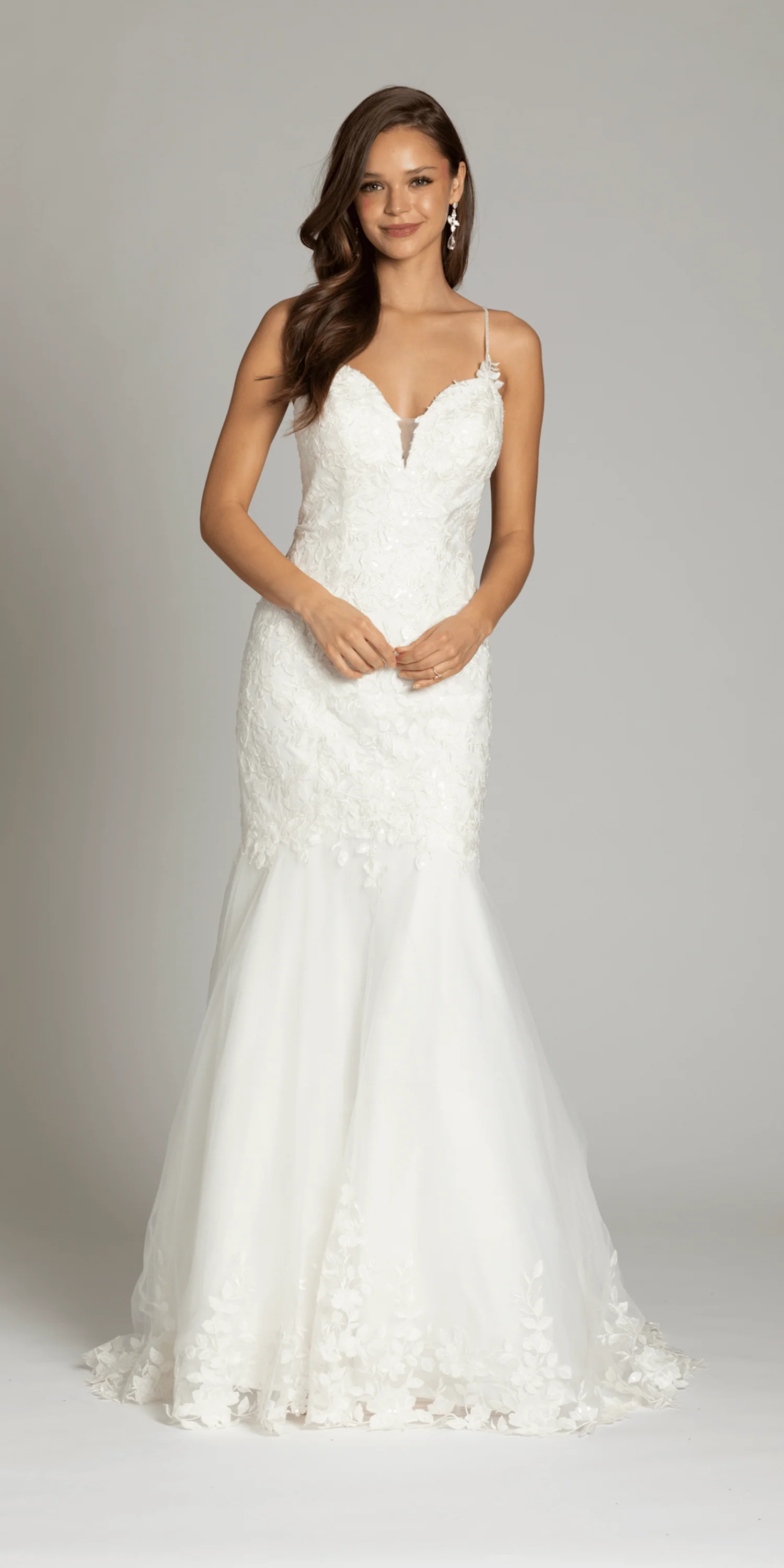 Sweetheart Plunge Tulle Mermaid Dress with Embroidered Border Hem.