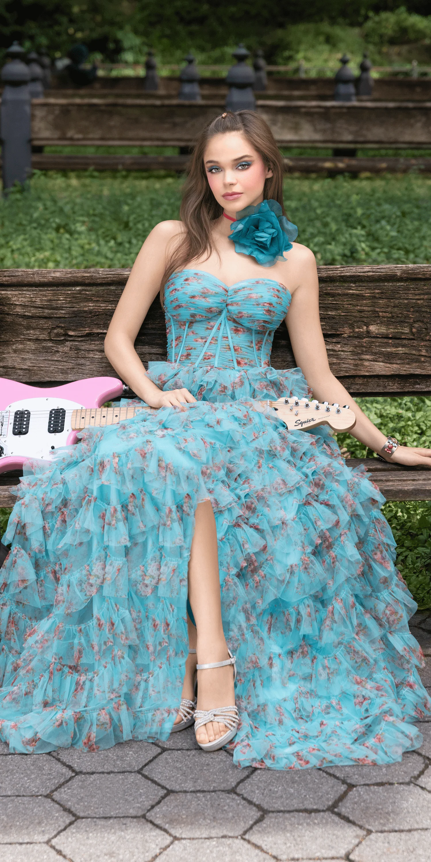 Sweetheart Ruched Print Mesh Tiered A Line Dress