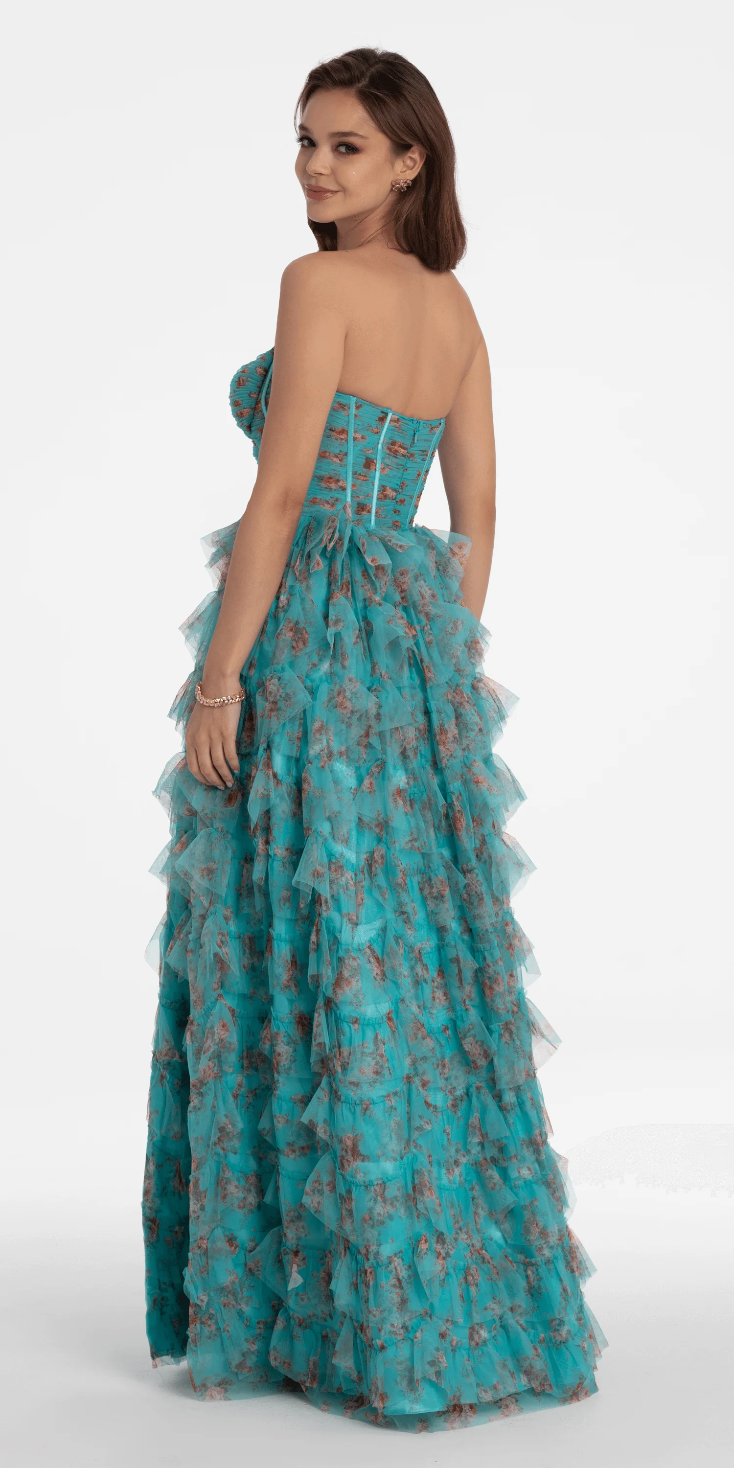 Sweetheart Ruched Print Mesh Tiered A Line Dress - Image 4