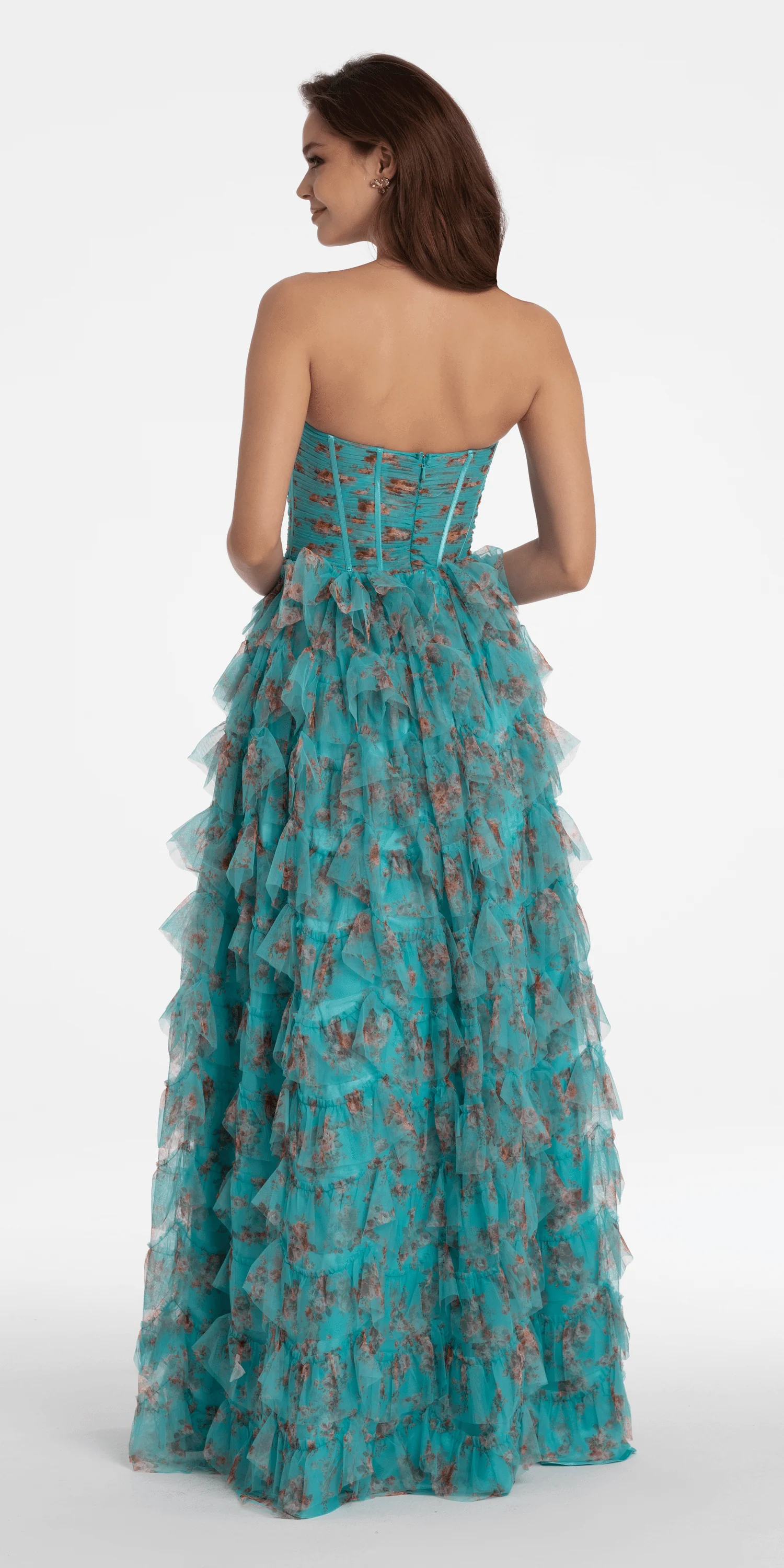 Sweetheart Ruched Print Mesh Tiered A Line Dress - Image 5