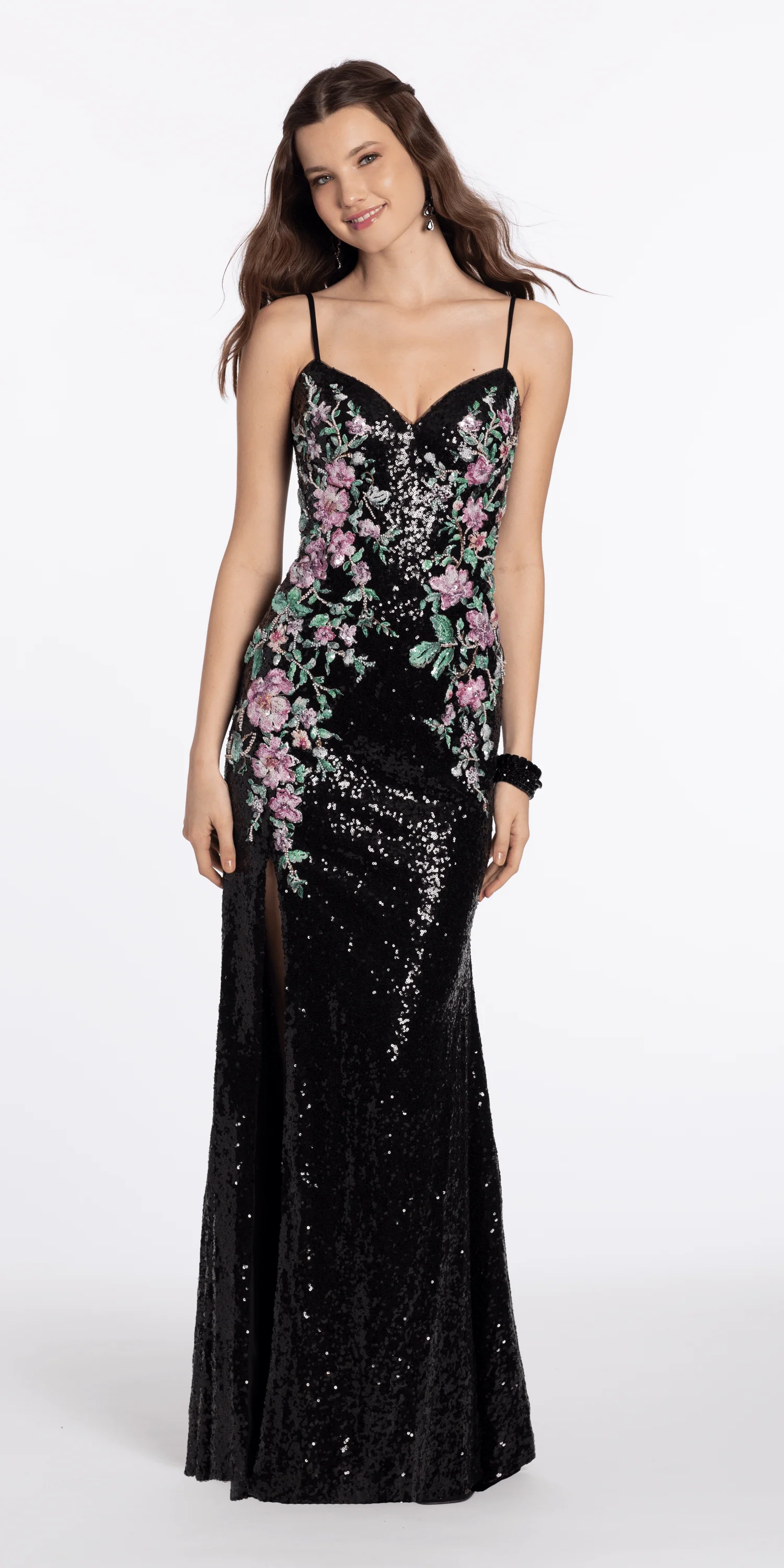 Sweetheart Sequin Column Dress with Embellished Floral Detail