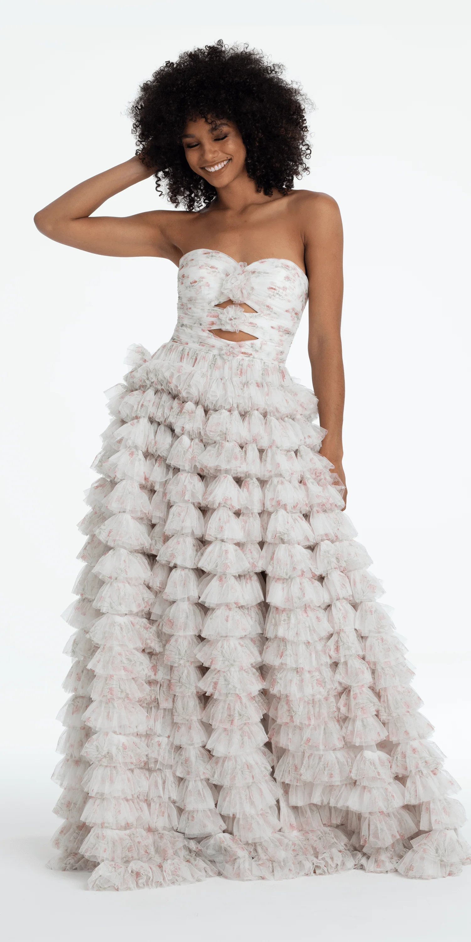 Sweetheart Triple Rose Peek-a-Boo Floral Mesh Tiered Ballgown - Image 4