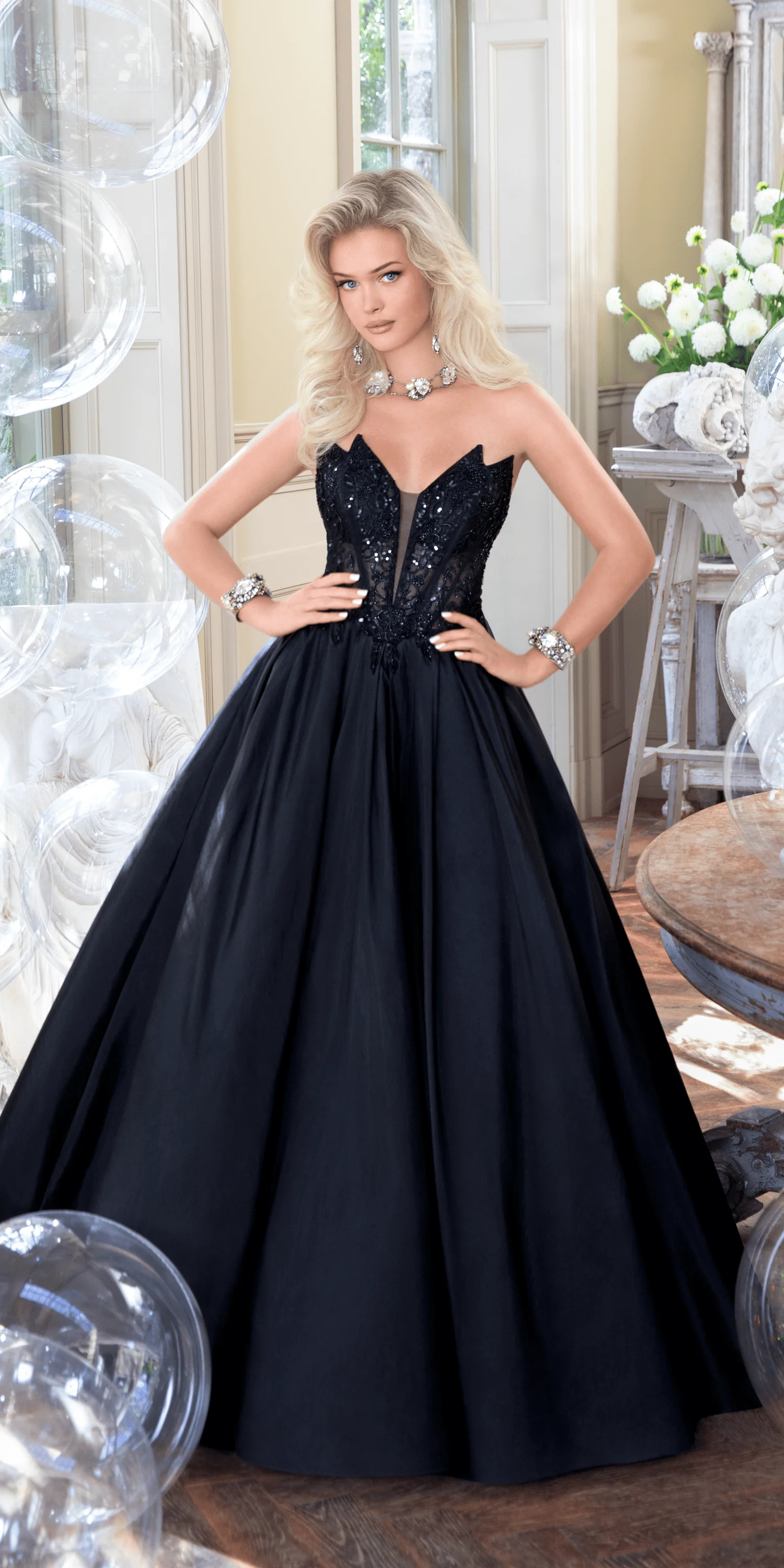 Taffeta Plunge Beaded Ballgown with Detachable Bow and Pockets