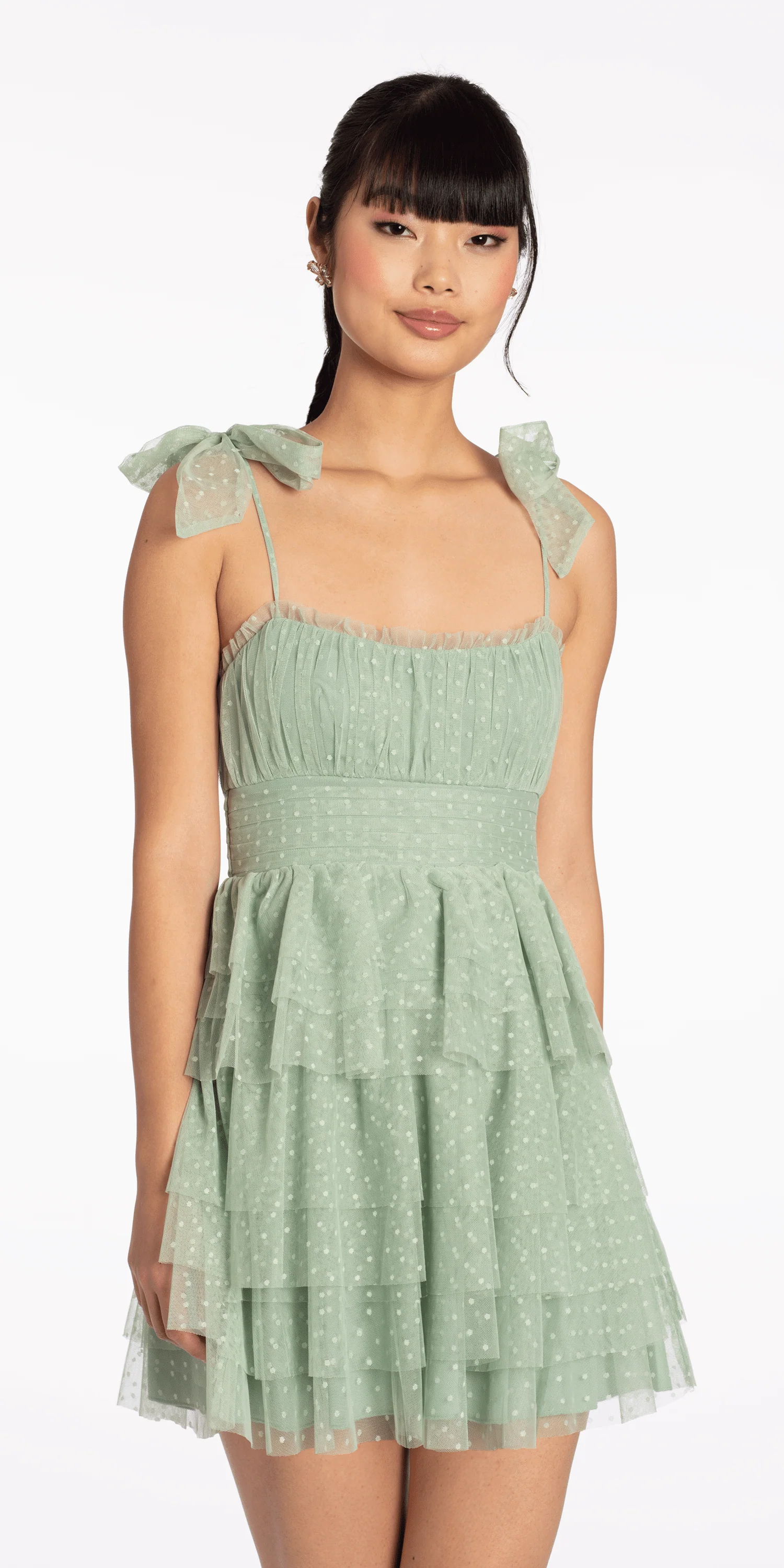 Tiered Mesh Embossed Fit and Flare Dress with Tie Straps