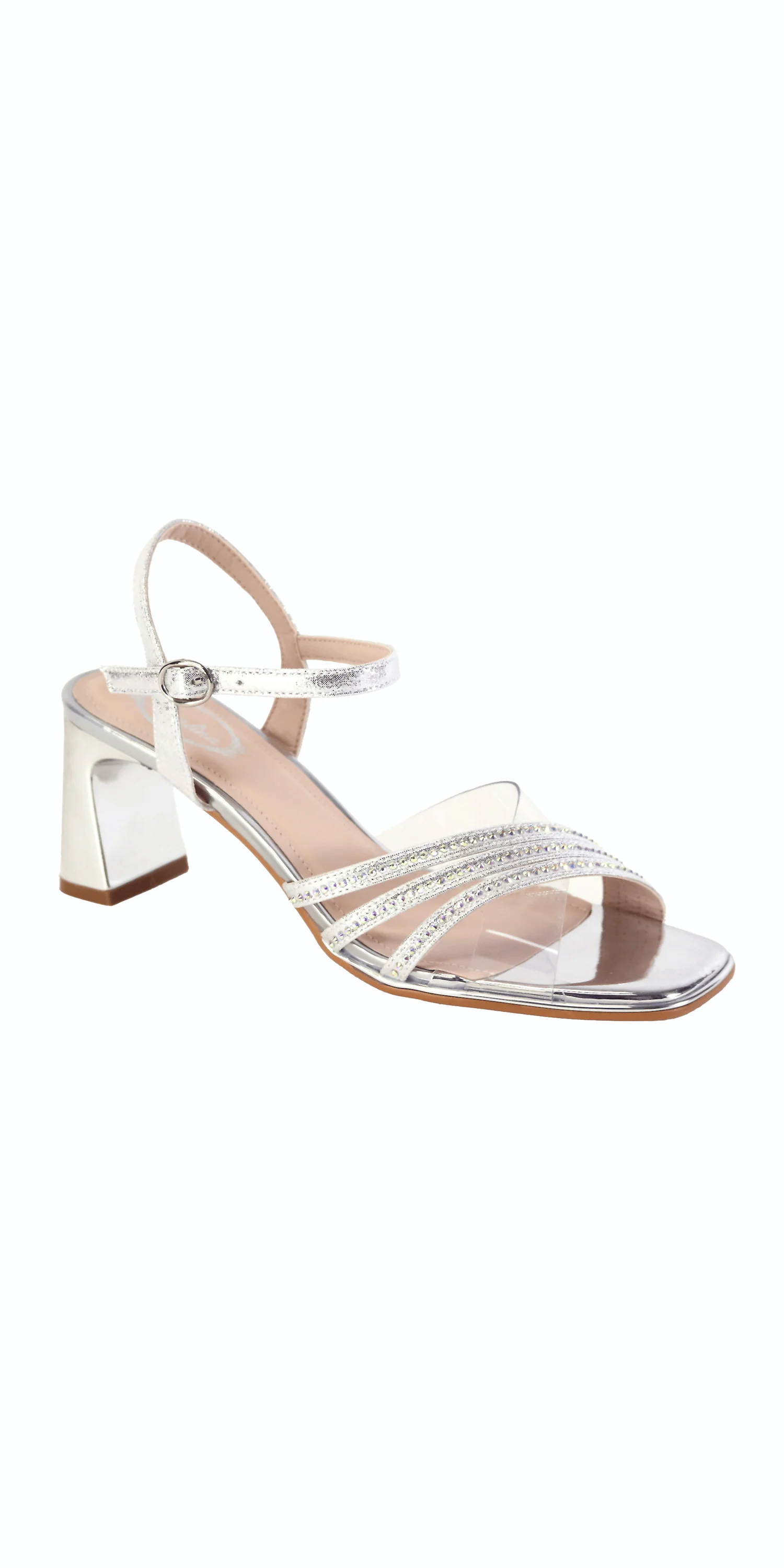Triple Strap Lucite Rhinestone Low Heel Sandal