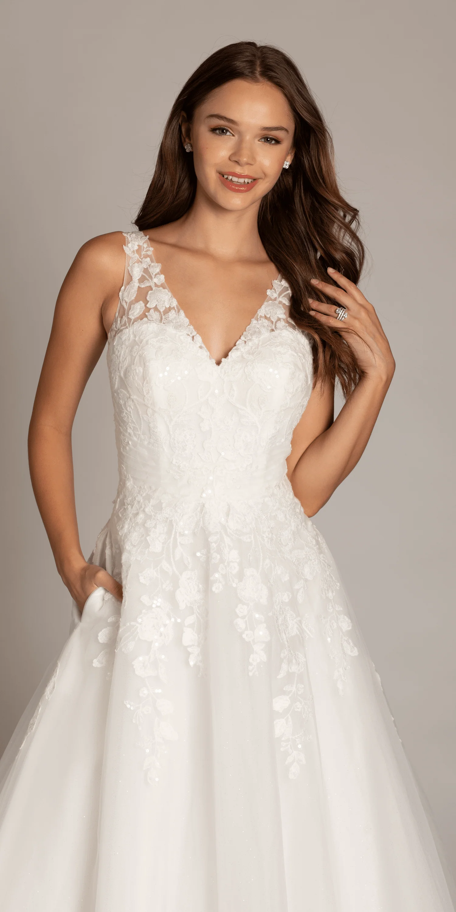 Tulle V Neck Ballgown with Floral Applique Hemline and Pockets - Image 3