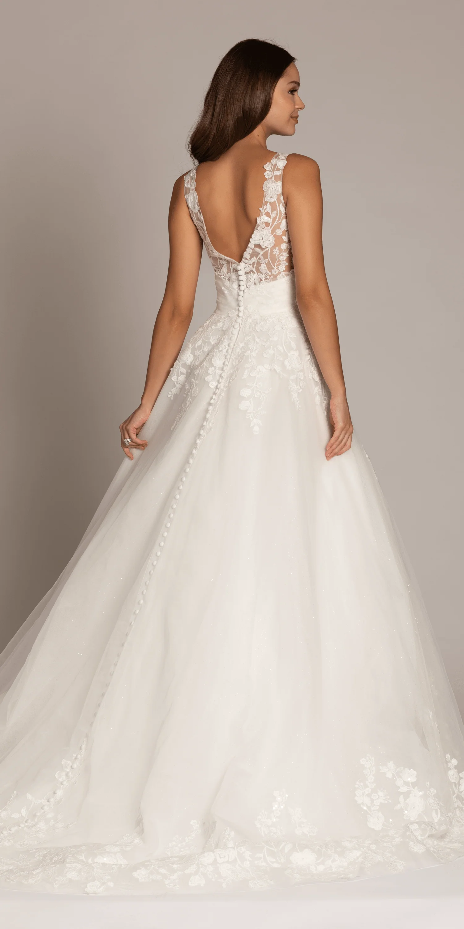 Tulle V Neck Ballgown with Floral Applique Hemline and Pockets - Image 5