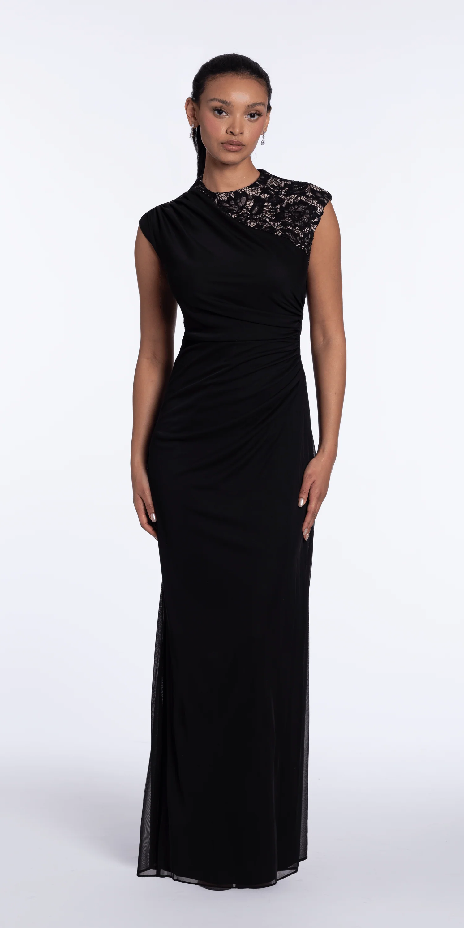 Two Tone Mesh Jewel Neck Cap Sleeve Column Dress with Ruching