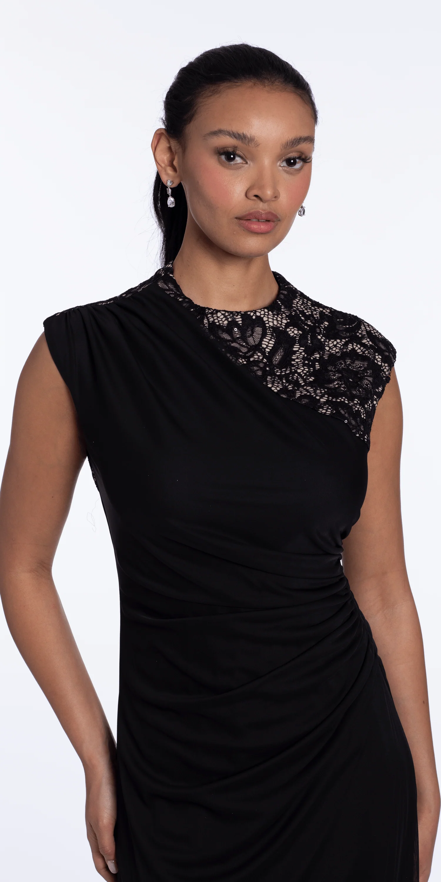 Two Tone Mesh Jewel Neck Cap Sleeve Column Dress with Ruching - Image 2