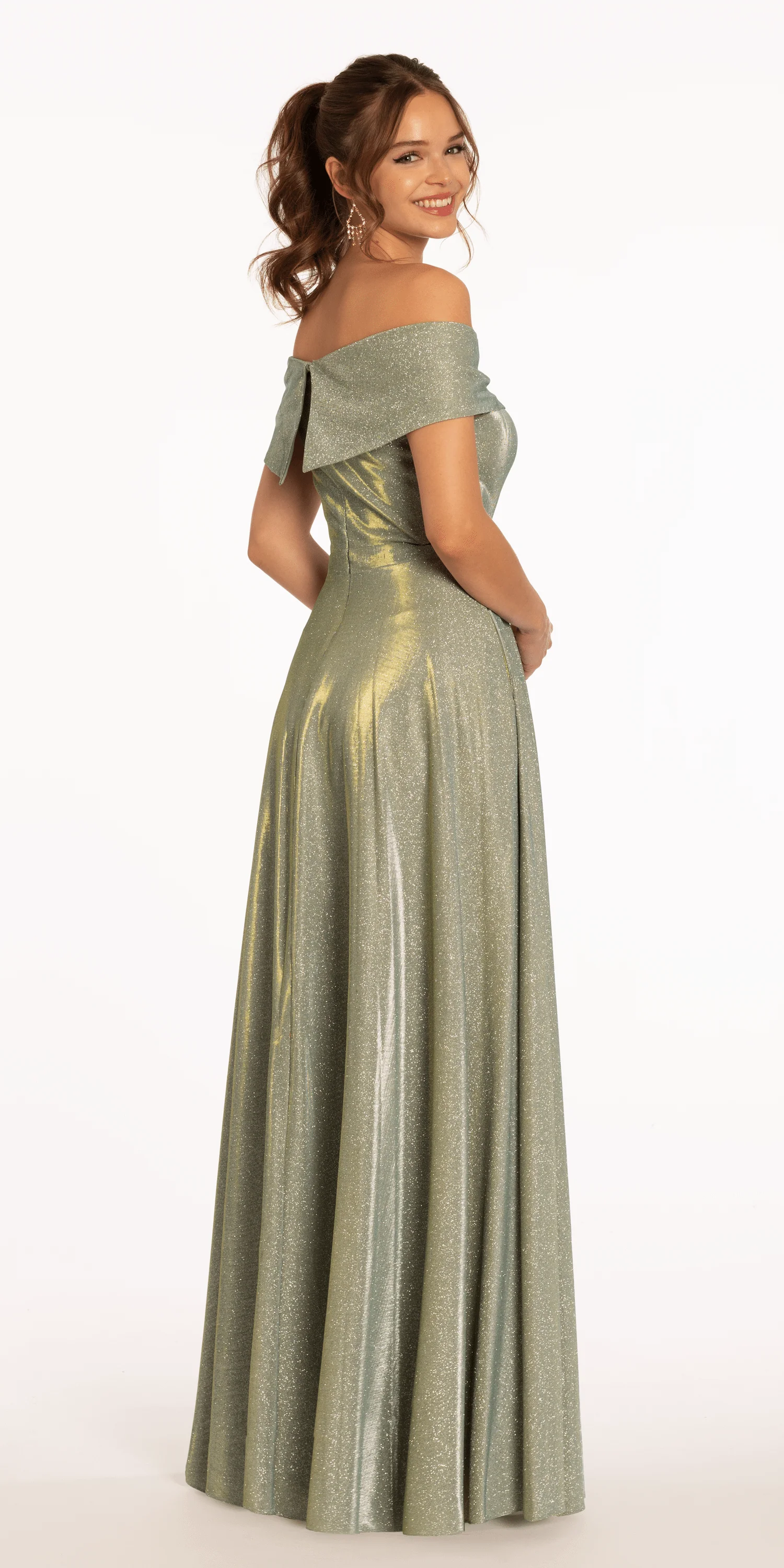 Two Tone Metallic Off the Shoulder Mock Wrap Dress - Image 3