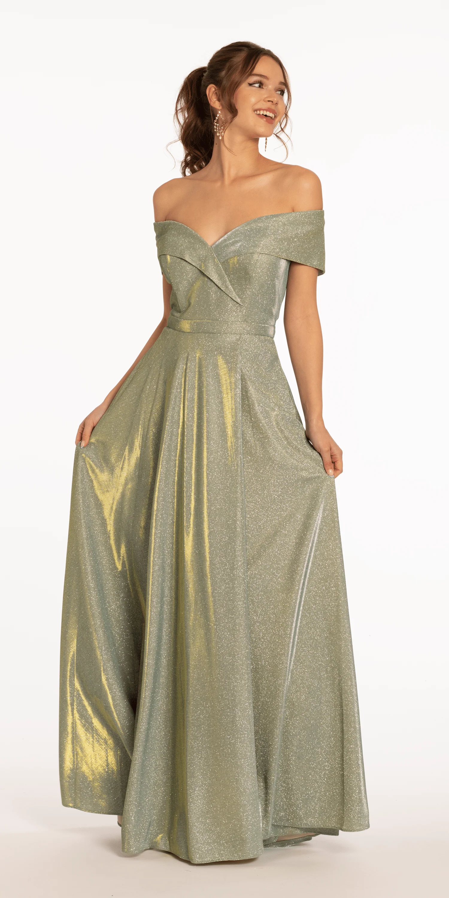 Two Tone Metallic Off the Shoulder Mock Wrap Dress - Image 4