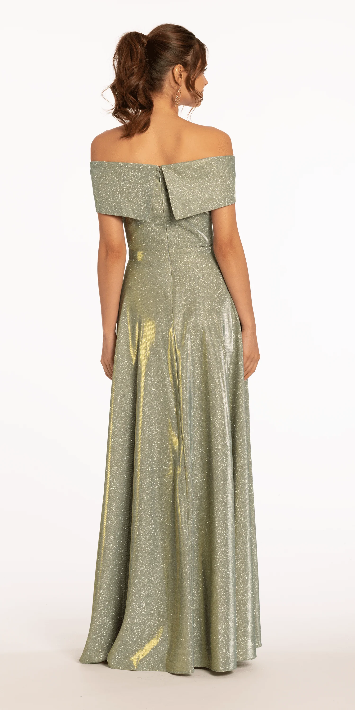 Two Tone Metallic Off the Shoulder Mock Wrap Dress - Image 5