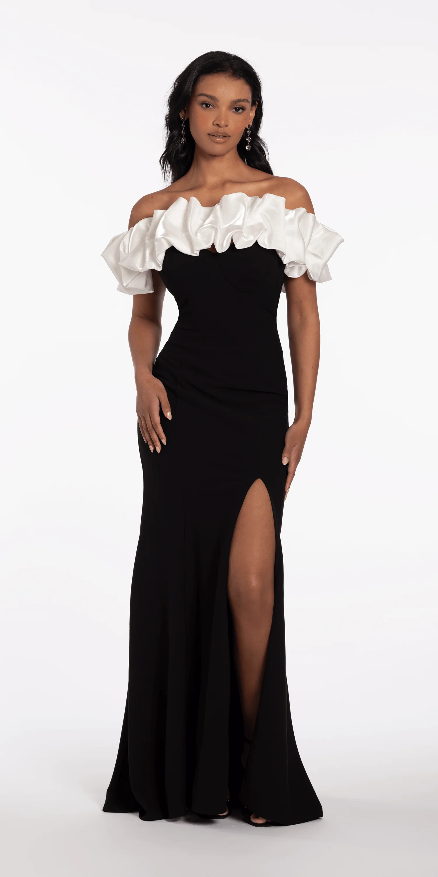 Two Tone Ruffle Off the Shoulder Crepe Trumpet Dress - Image 3