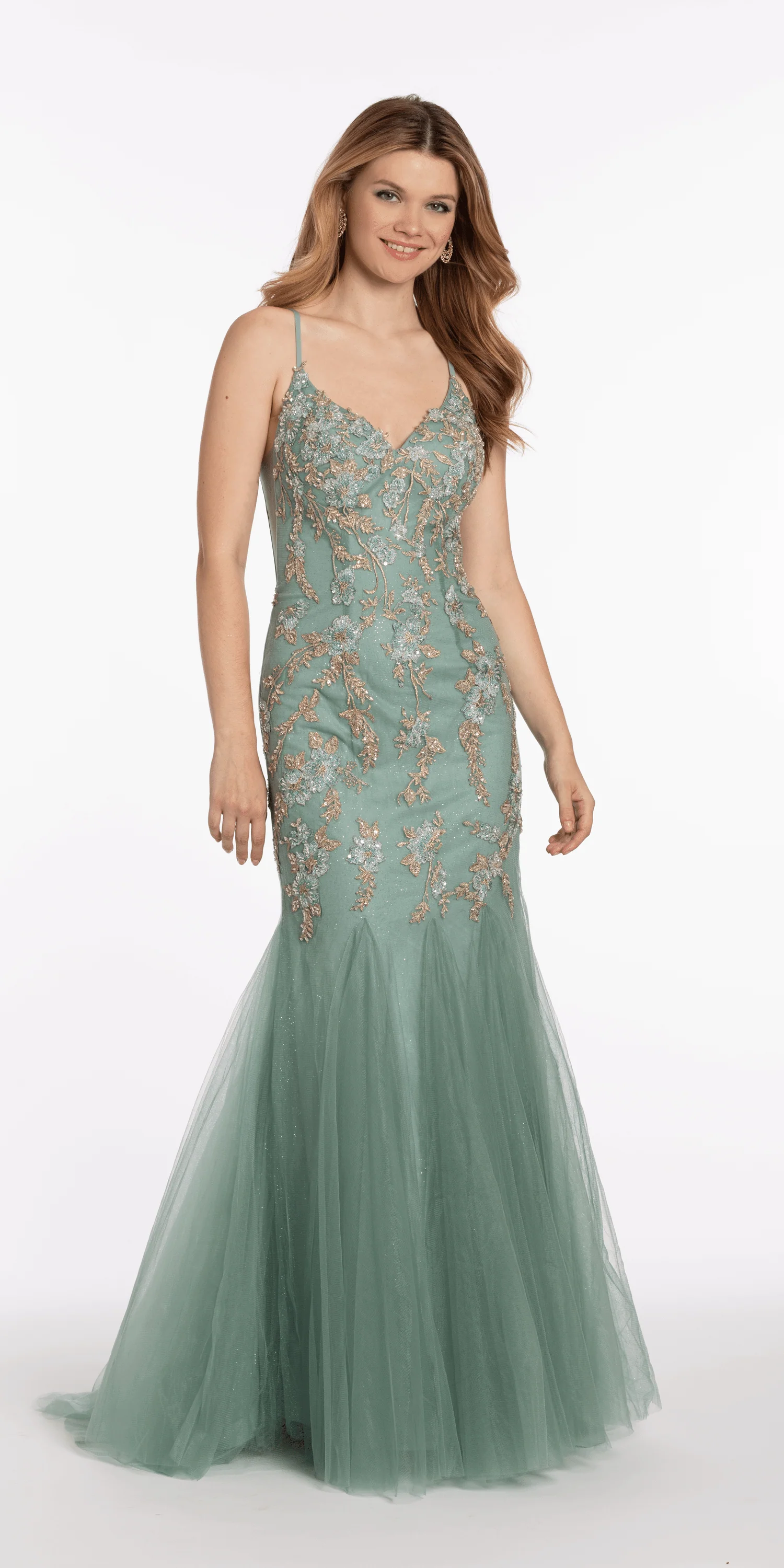 V Back Mesh Embroidered Mermaid Dress with Godets - Image 5