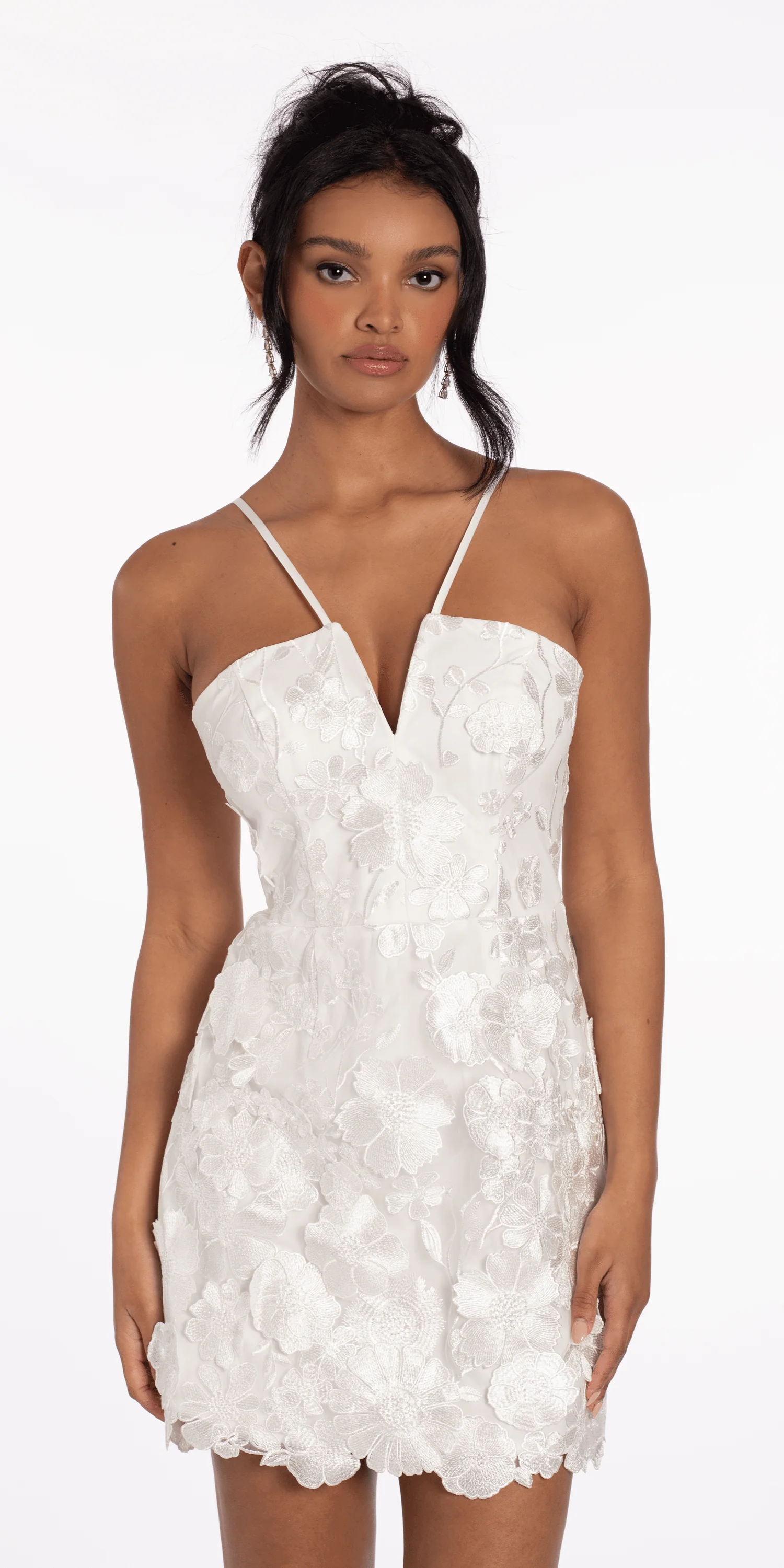 V Notch Halter Mesh 3D Floral Dress with Scalloped Hem - Image 3